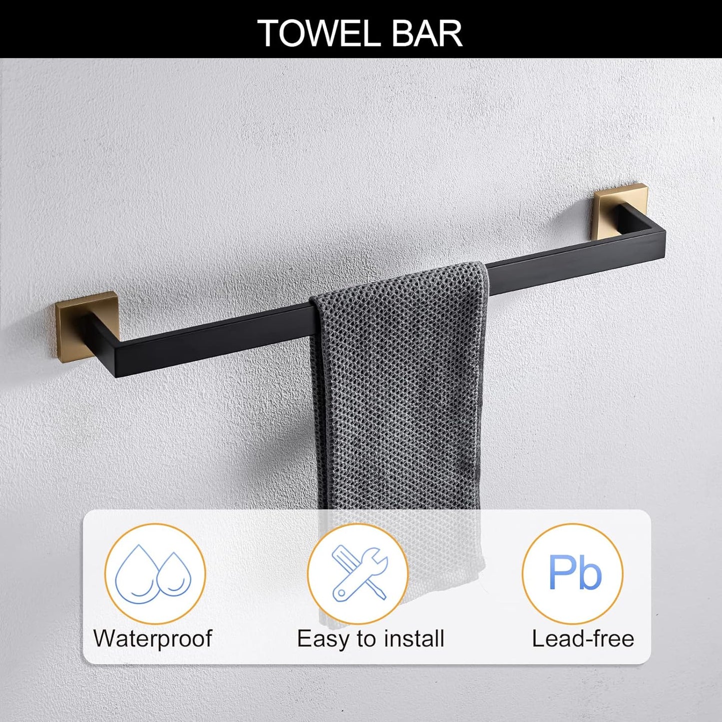 5 Pieces Bathroom Hardware Accessories Set Black and Gold Towel Bar Set,Wall Mounted Stainless Steel,23.6 Inch