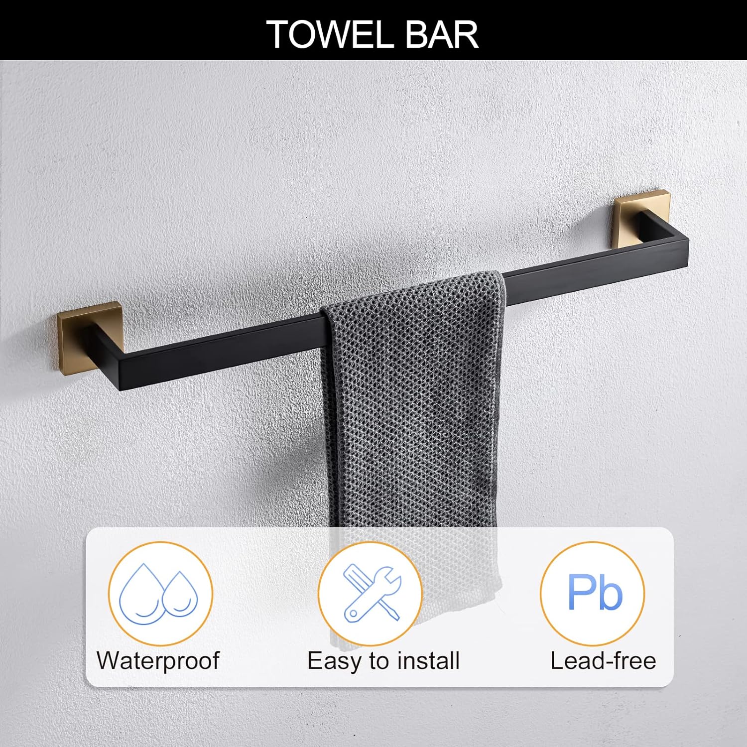 5 Pieces Bathroom Hardware Accessories Set Black and Gold Towel Bar Set,Wall Mounted Stainless Steel,23.6 Inch