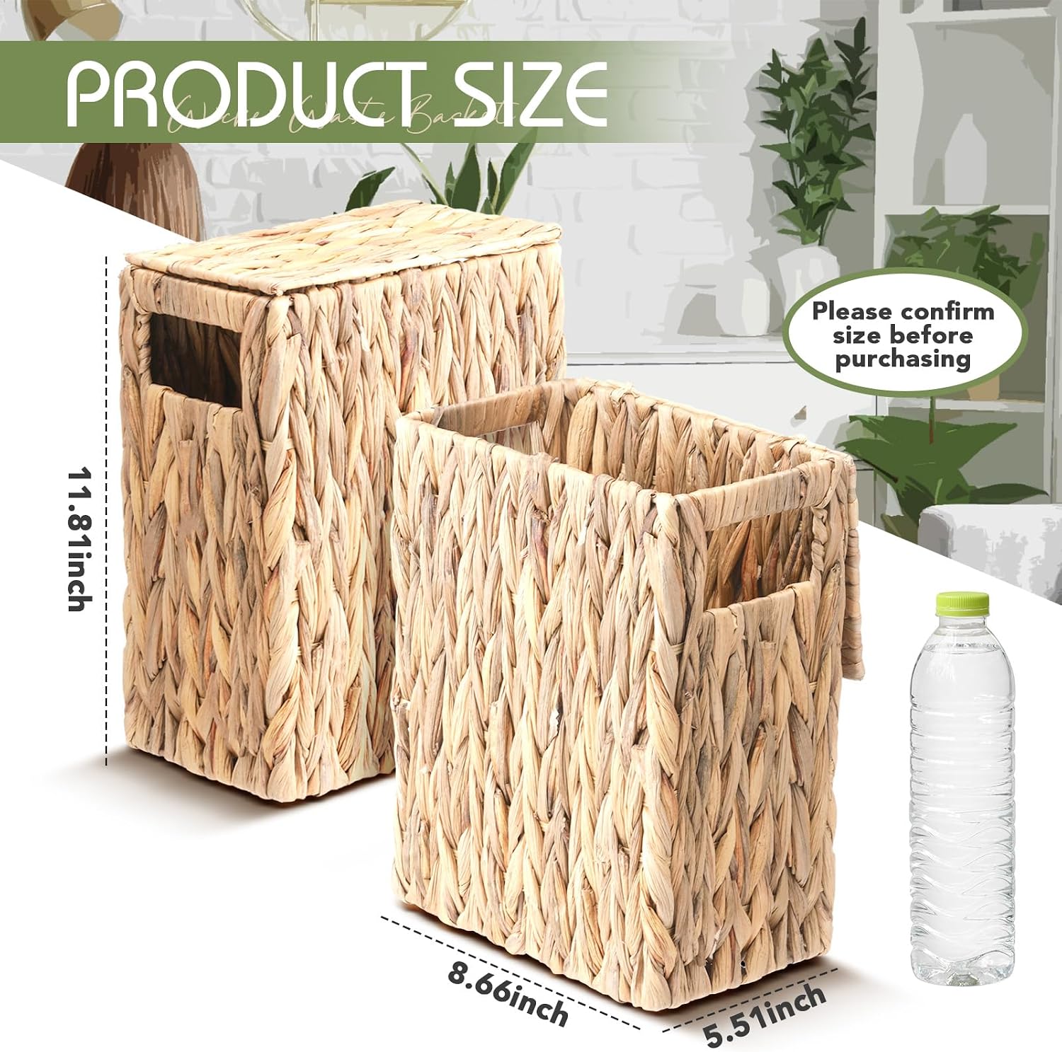 Lid for Small Bathroom Tall Narrow Water Hyacinth Handwoven Waste Basket / 3 Gallon / Natural