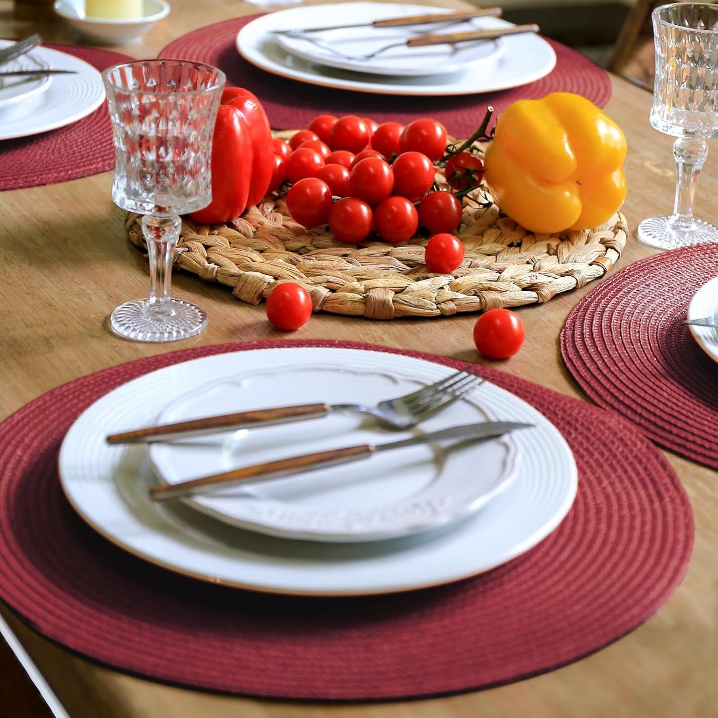 FunWheat Round Braided Placemats Set of 8 Table Mats for Dining Tables Woven Washable Non-Slip Place mats 15