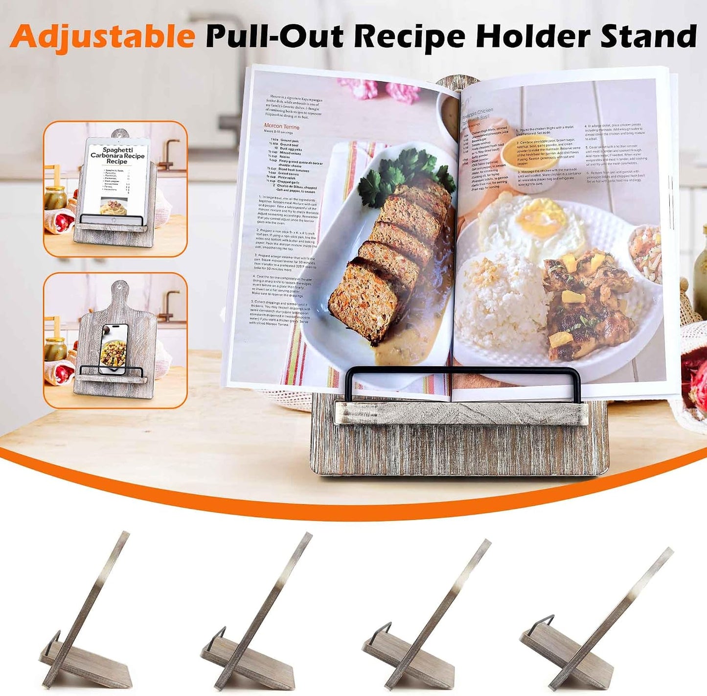 Grey Cookbook Stand for Kitchen Counter: Wooden Recipe Book Holder | Solid Wood with Measurement Chart, Holds 2" Thick
