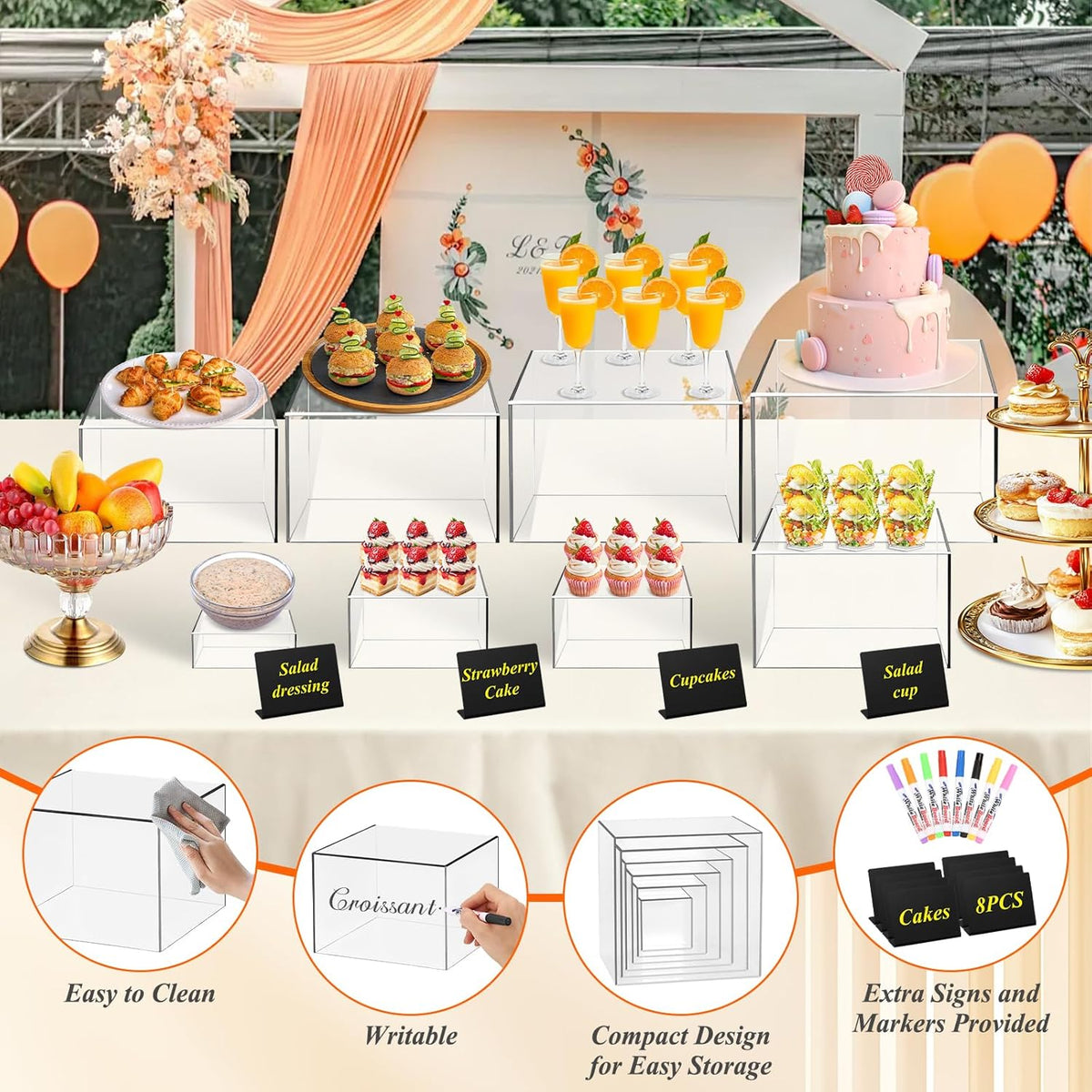 8 Pcs Clear Acrylic Buffet Risers with Mini Sign and Maker,Buffet Risers and Stands Clear Food Display Risers for