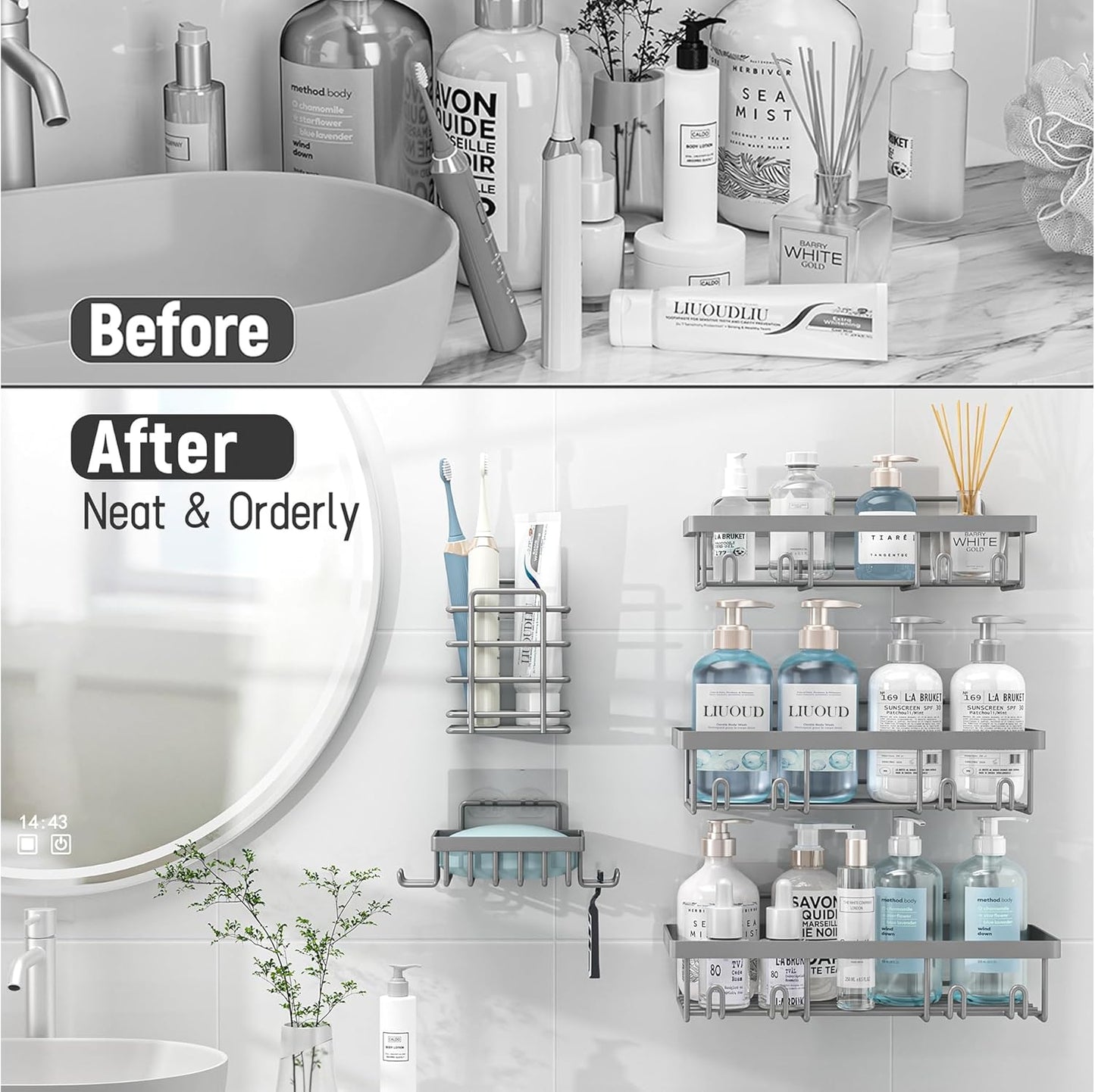 Self Adhesive Bathroom Wall Storage Basket Rustproof / Grey / Set of 5
