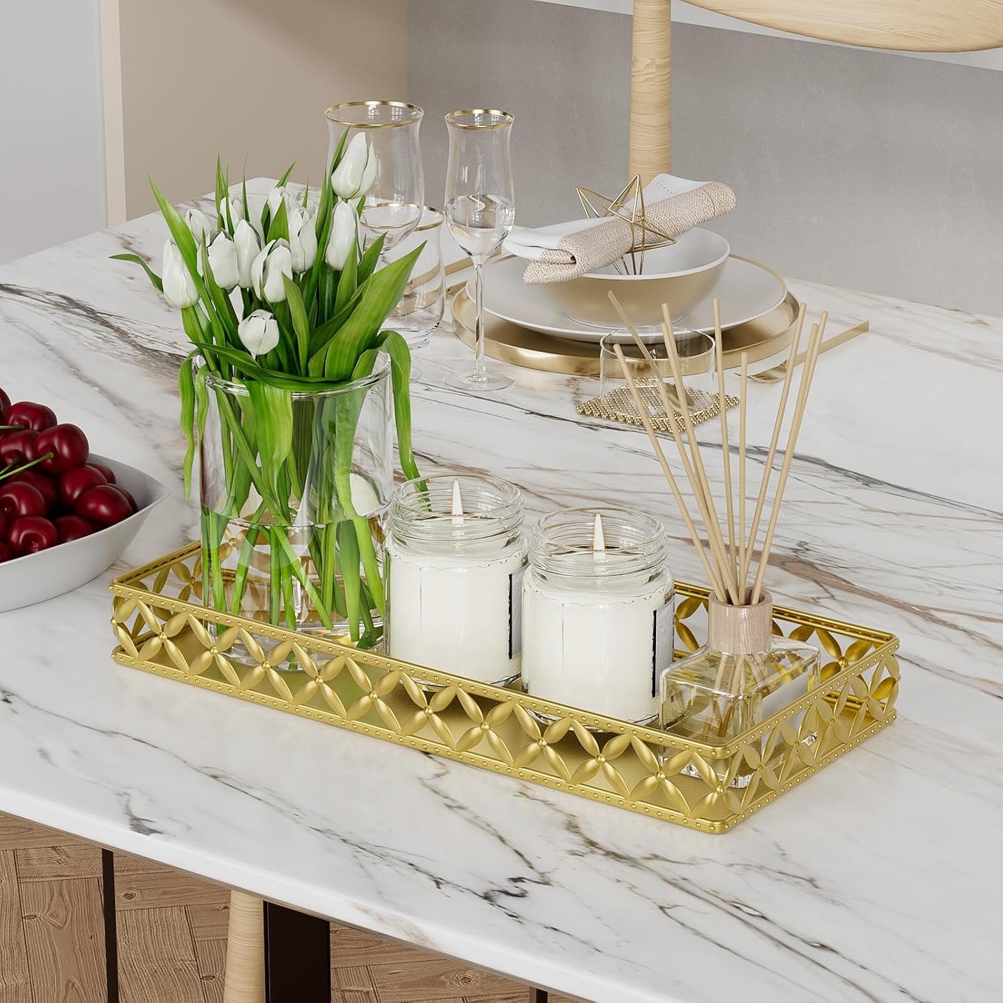 Bathroom Vanity Tray for Counter Organizer / Rectangle Floral-gold / 11 Inch