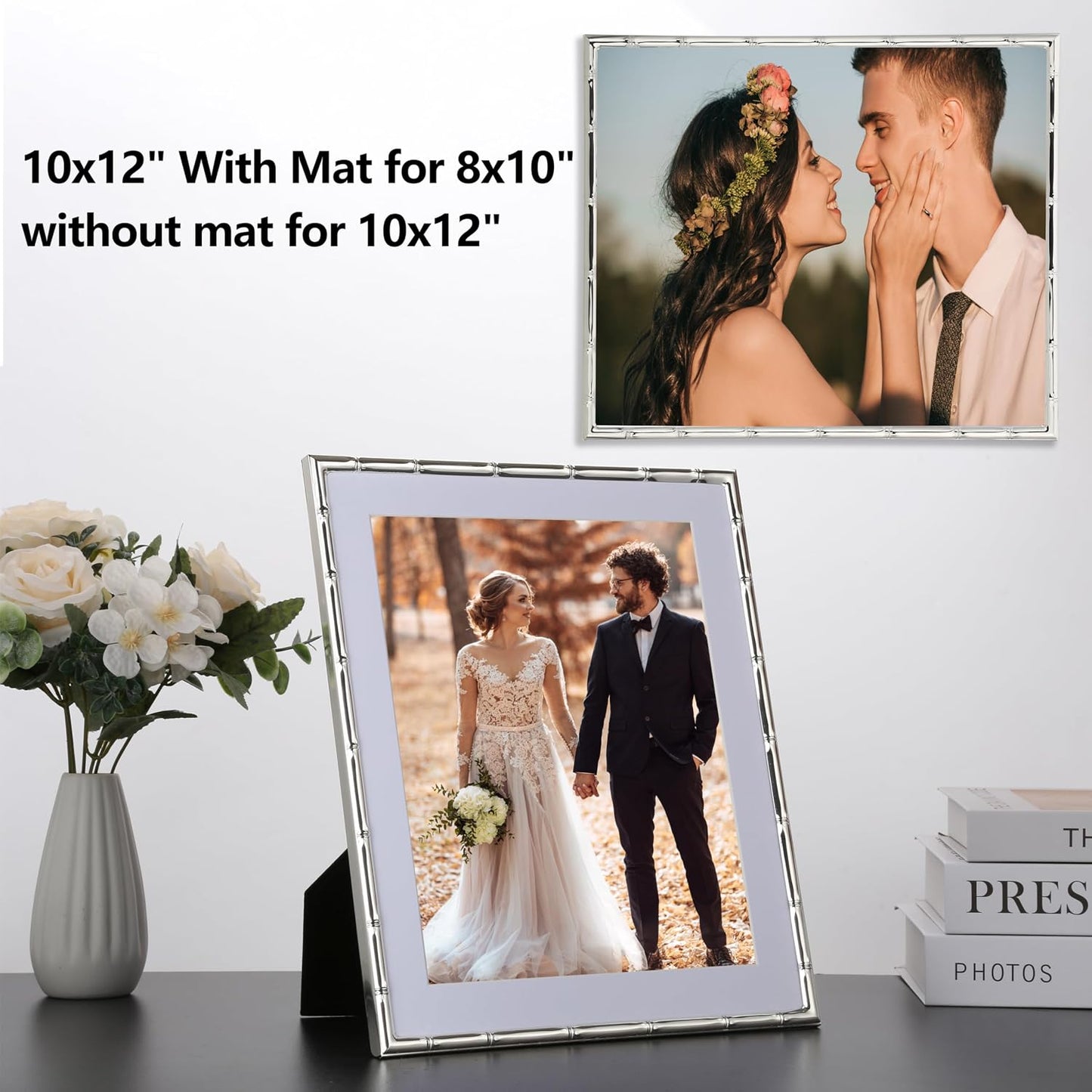 YiPinYin 10x12''Bamboo Detail Silver Metal Photo Frame with Acid Free Mat for 8x10'' Set of 2,Elegant Narrow Plated