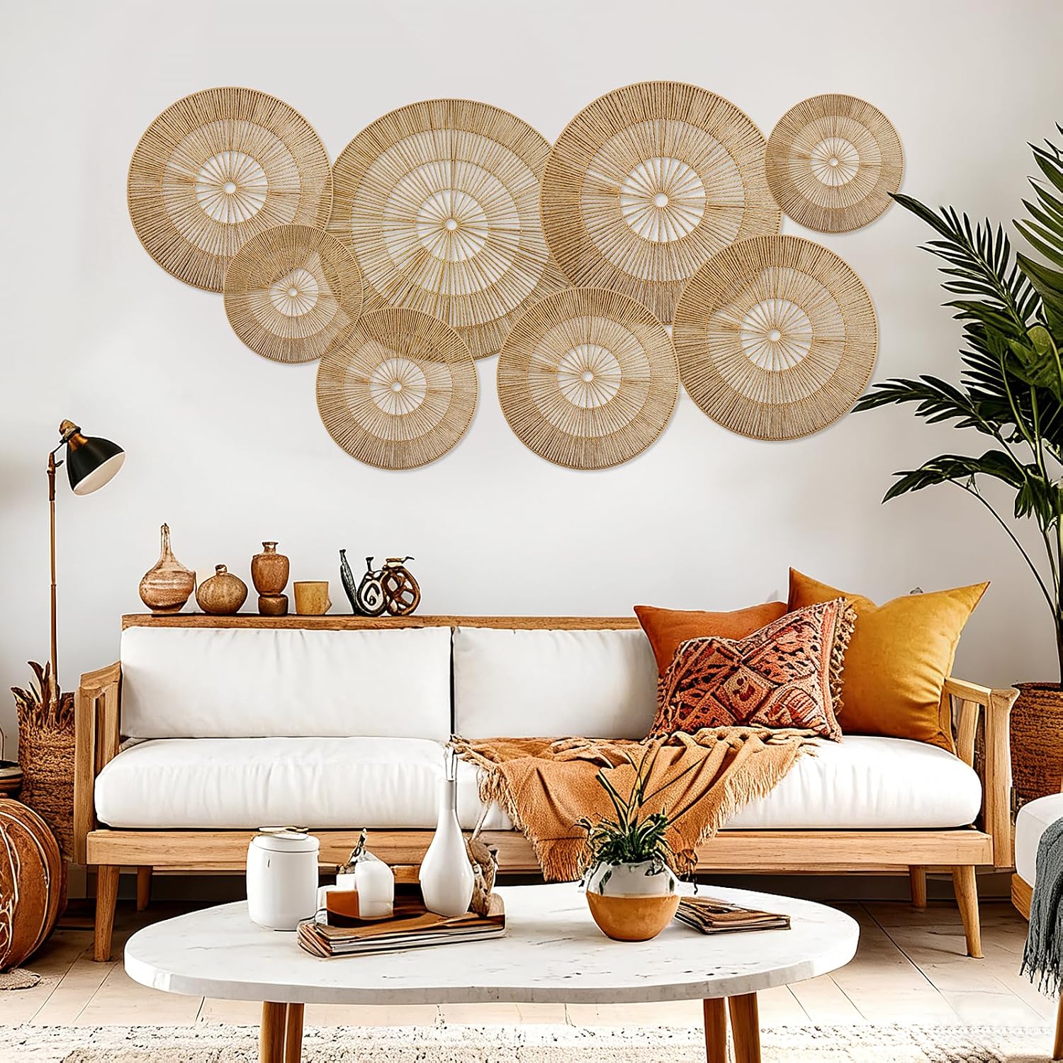 Boho Wall Decoration Jute Wall Decor Baskets Round Hand Woven Wicker Rattan Wall Art / Set of 8