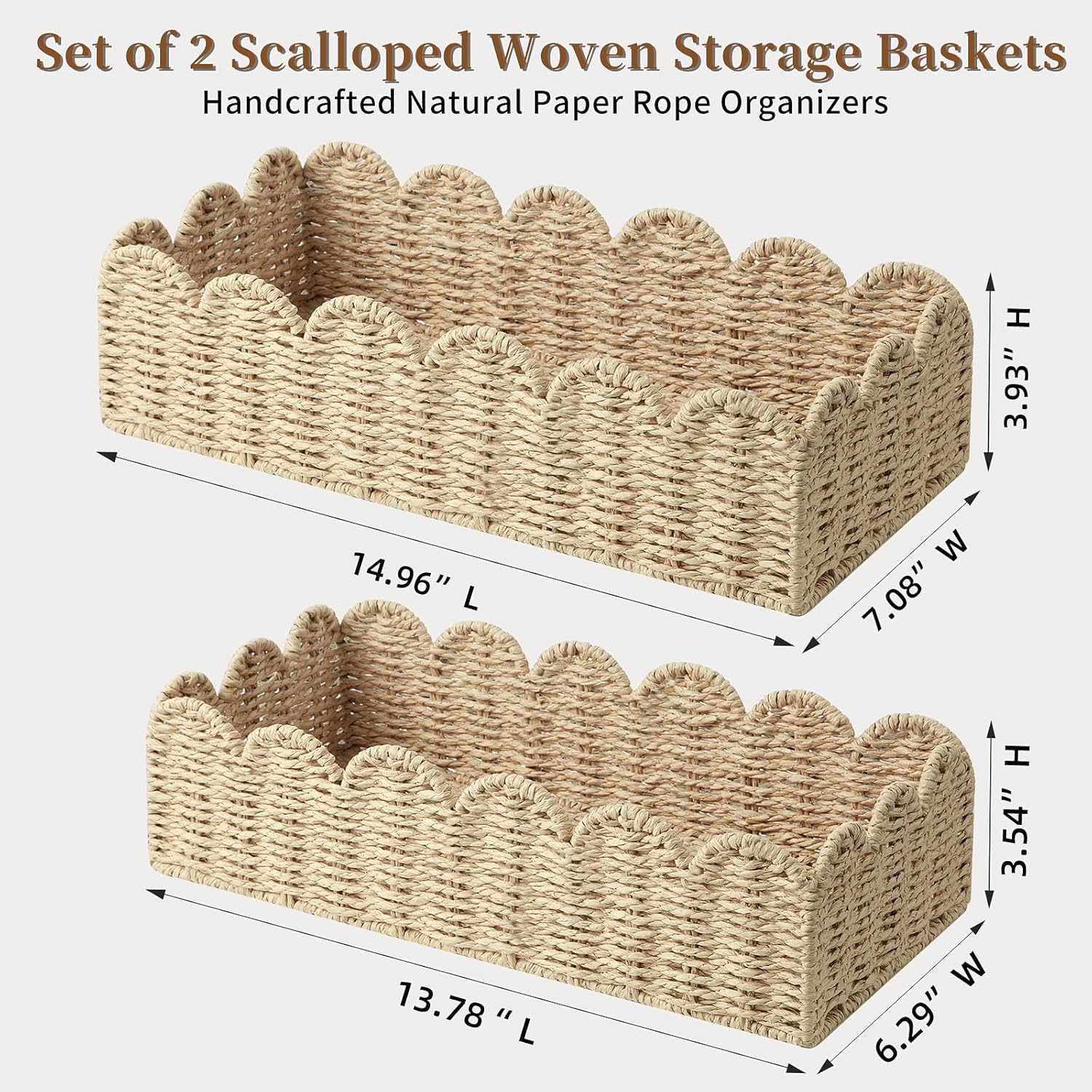 Scalloped Wicker Shelf Baskets / Beige M+L / Set of 2
