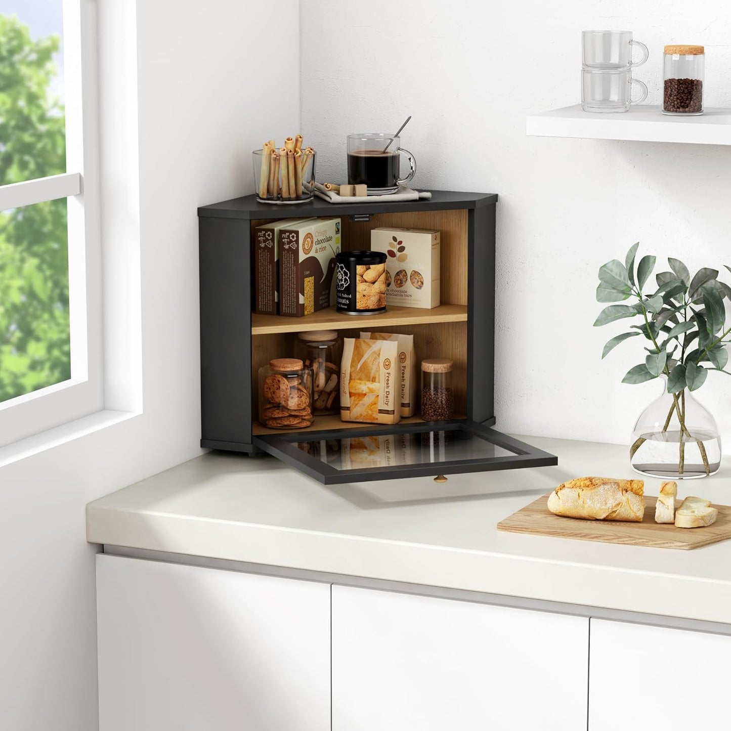 Goozii Corner Bread Box for Kitchen Countertop, Black Bread Storage Container for Homemade Bread, Two Layer Breadbox