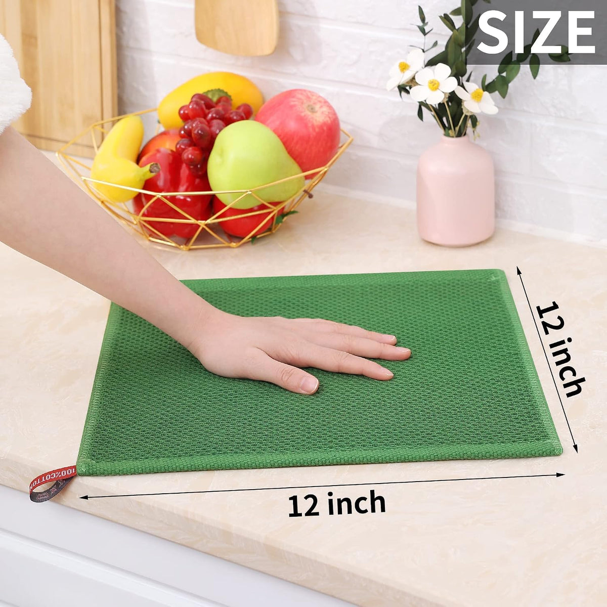 Homaxy 100% Cotton Waffle Weave Kitchen Dish Cloths 24-Pack, Grass Green | 12 x 12 Inches, Ultra Soft Absorbent Dish
