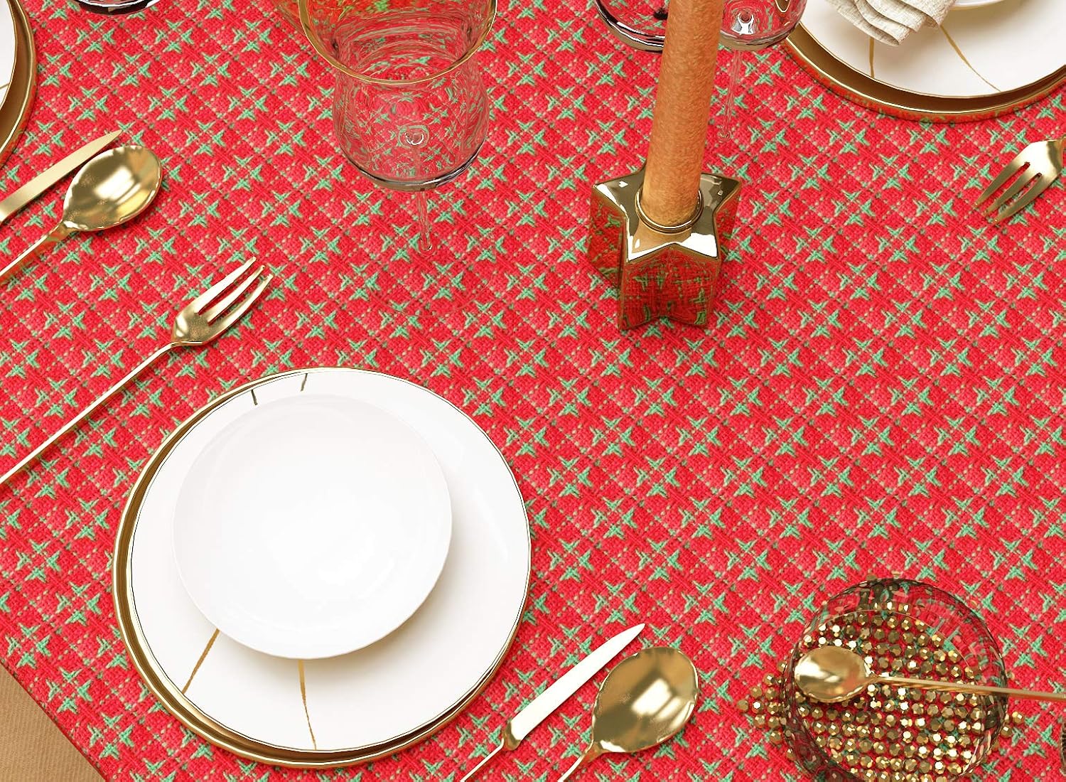 Table Cloth, Christmas Red & Green Woven Fringed, 100% Cotton Table Cover, Size 60x120 Inch, Suitable for Formal