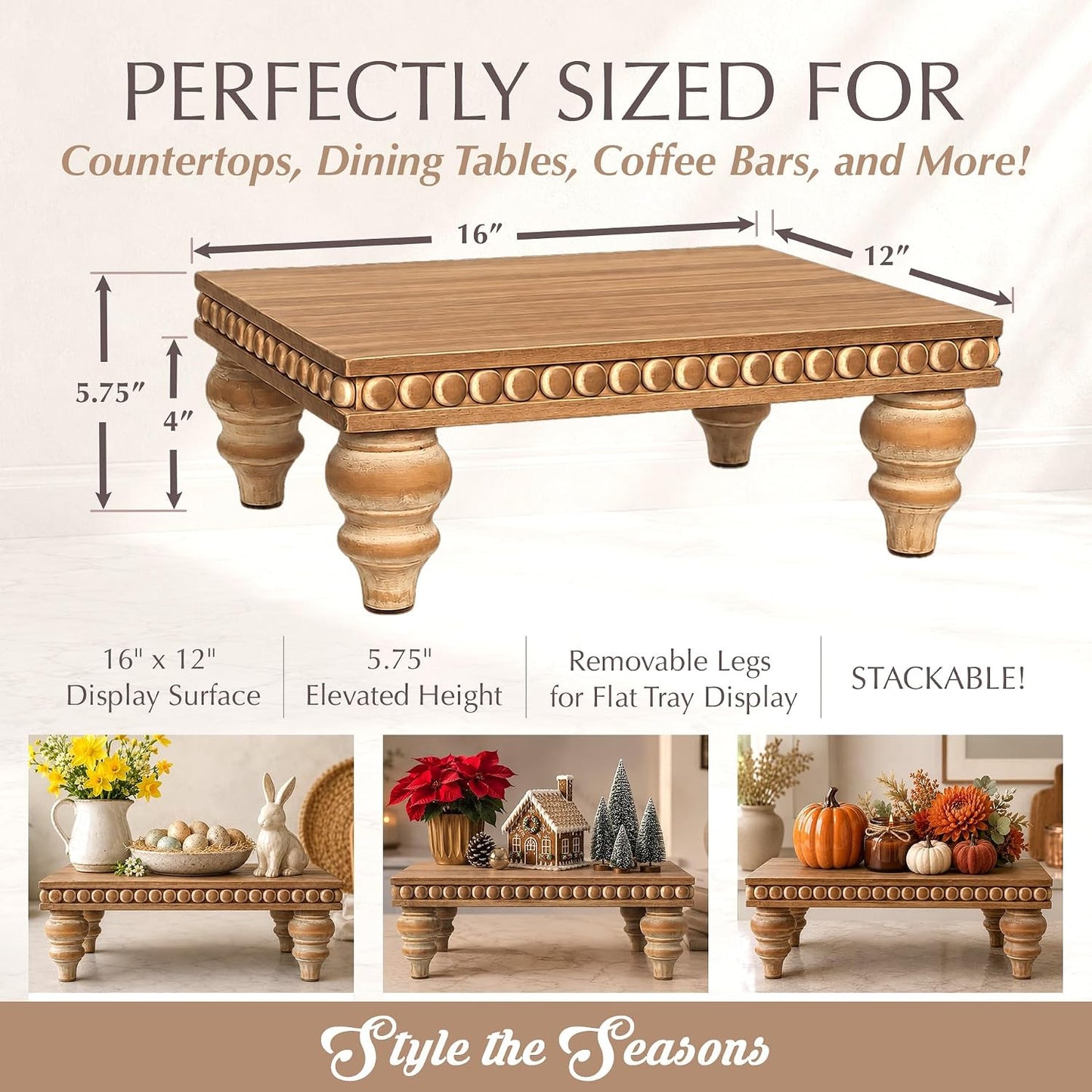 Farmhouse Beaded Riser Stand for Decor / Rustic Brown