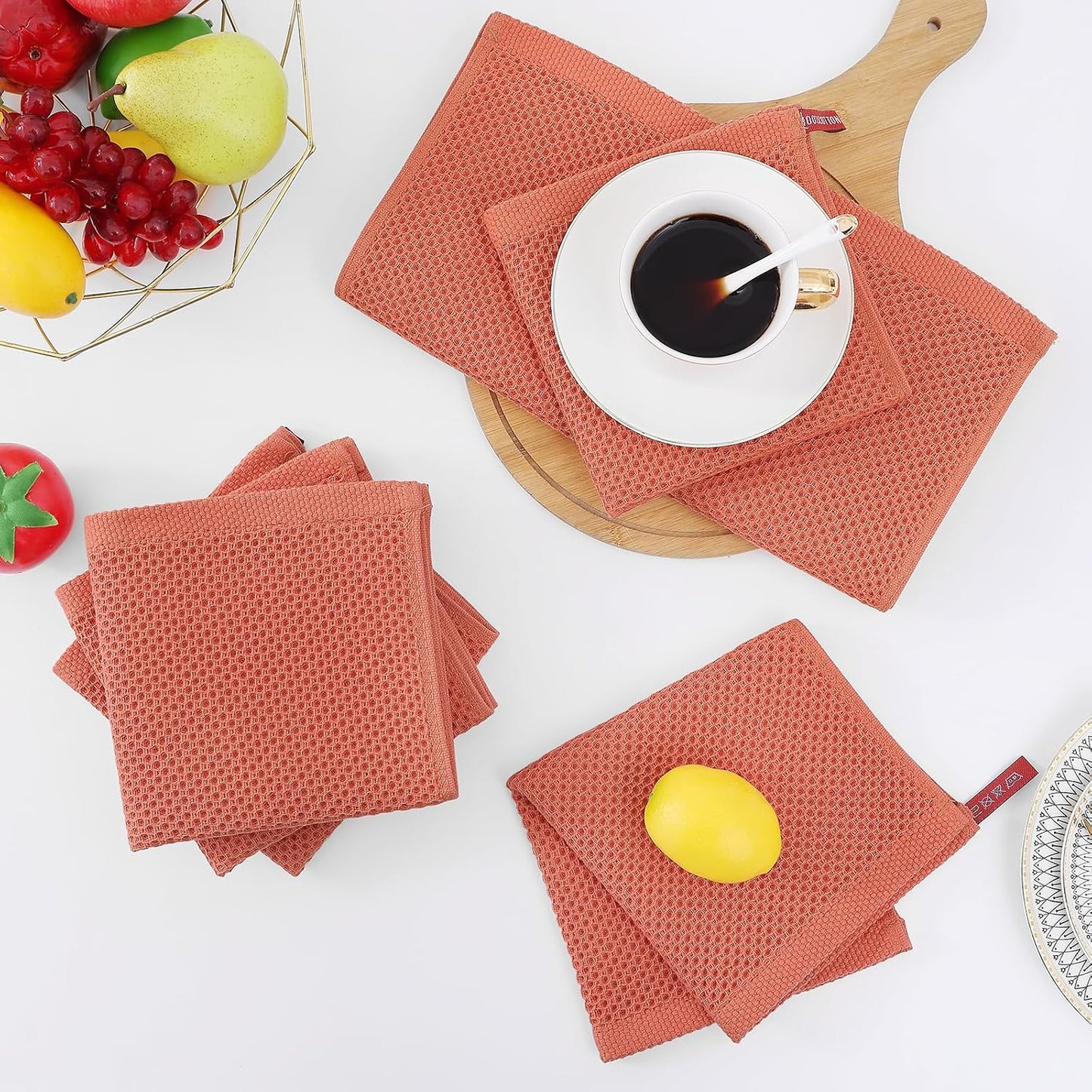Homaxy 100% Cotton Waffle Weave Kitchen Dish Cloths 8-Pack, Coral | 12 x 12 Inches, Ultra Soft Absorbent Dish Towels