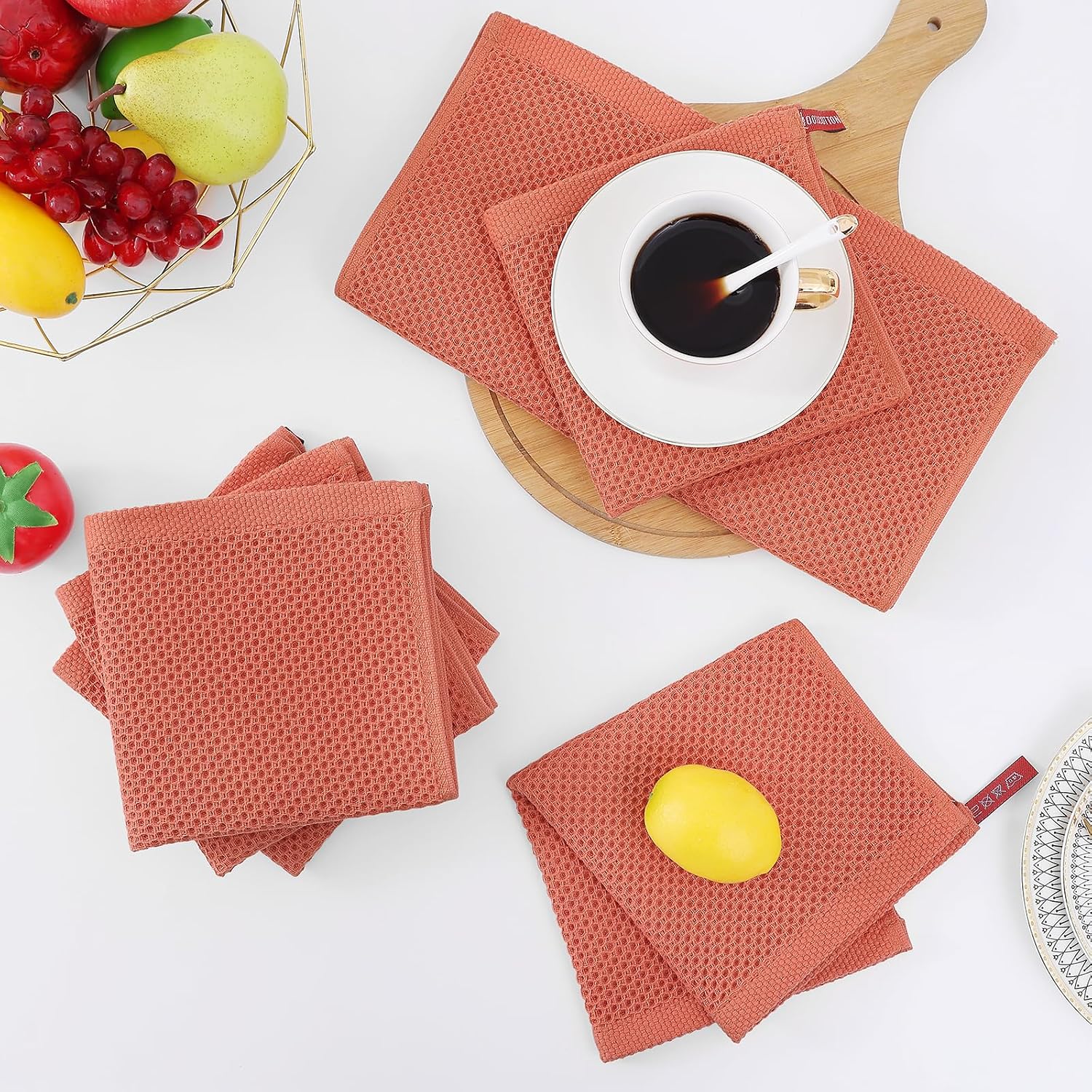 Homaxy 100% Cotton Waffle Weave Kitchen Dish Cloths 12-Pack, Coral | 12 x 12 Inches, Ultra Soft Absorbent Dish Towels
