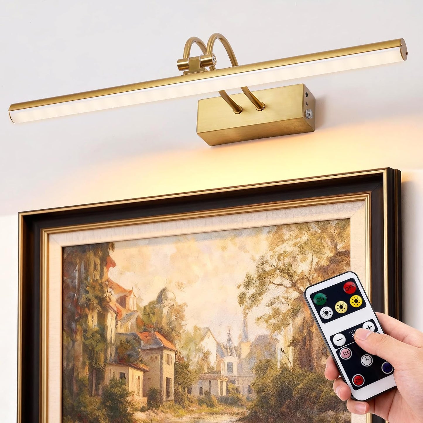 Picture Light for Wall,5000mAh Wireless Wall Light,16" Art Light,Brass | Rechargeable Photo Lights,Remote Timer and