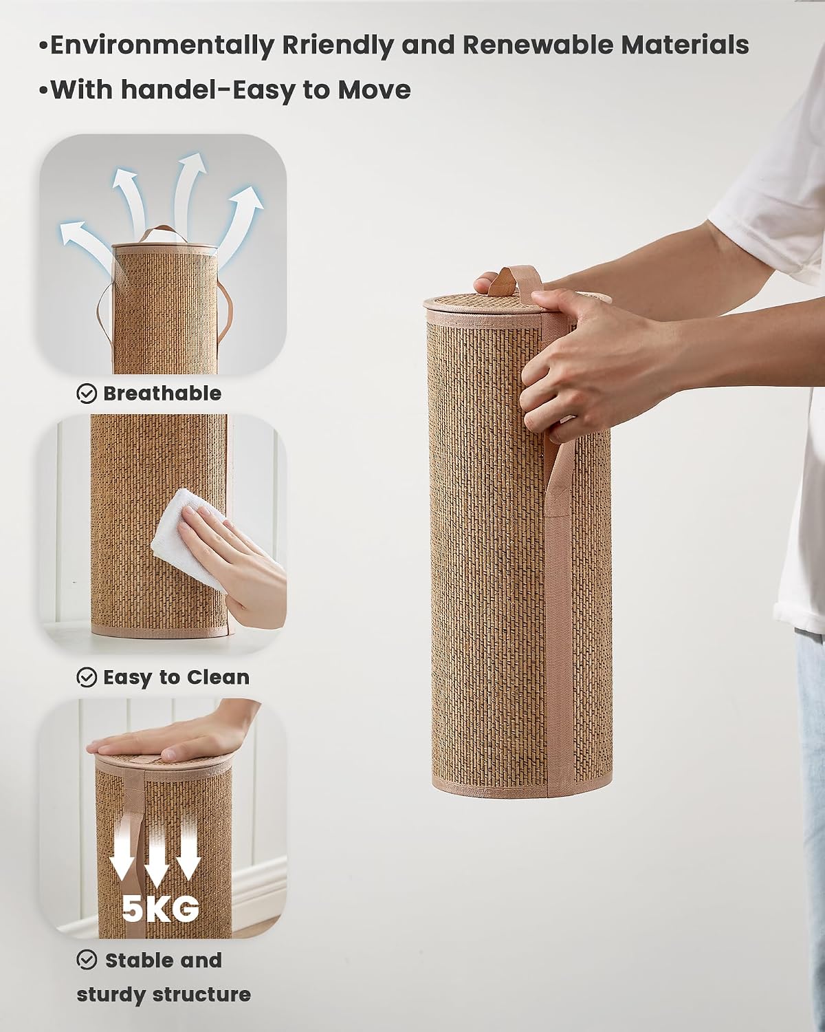 Bamboo Toilet Paper Storage Basket with Lid & Handle - 10L Handwoven Bathroom Organizer for 4 Rolls - Sturdy Stand
