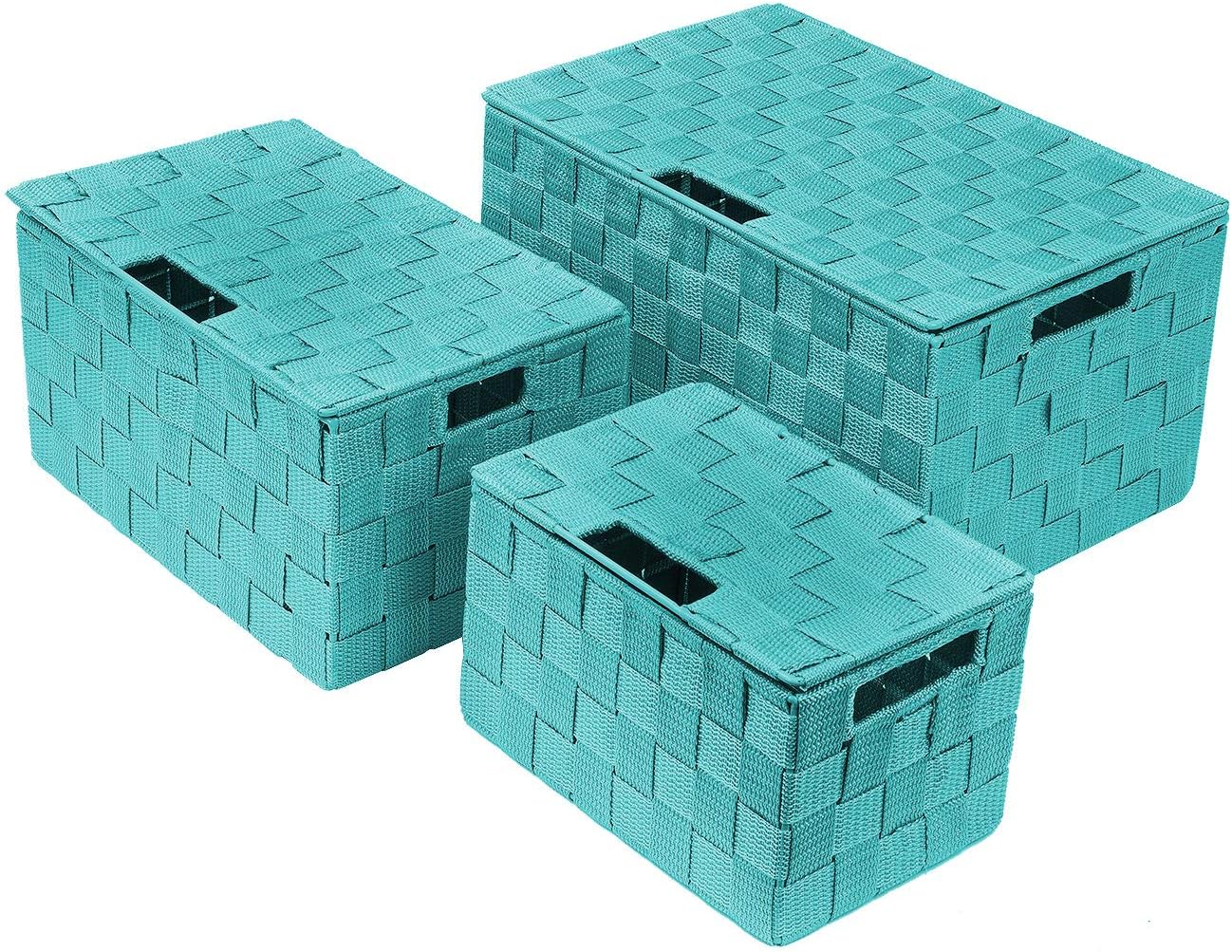 Hand-Woven Storage Baskets / Lid Bins / Aqua / Set of 3