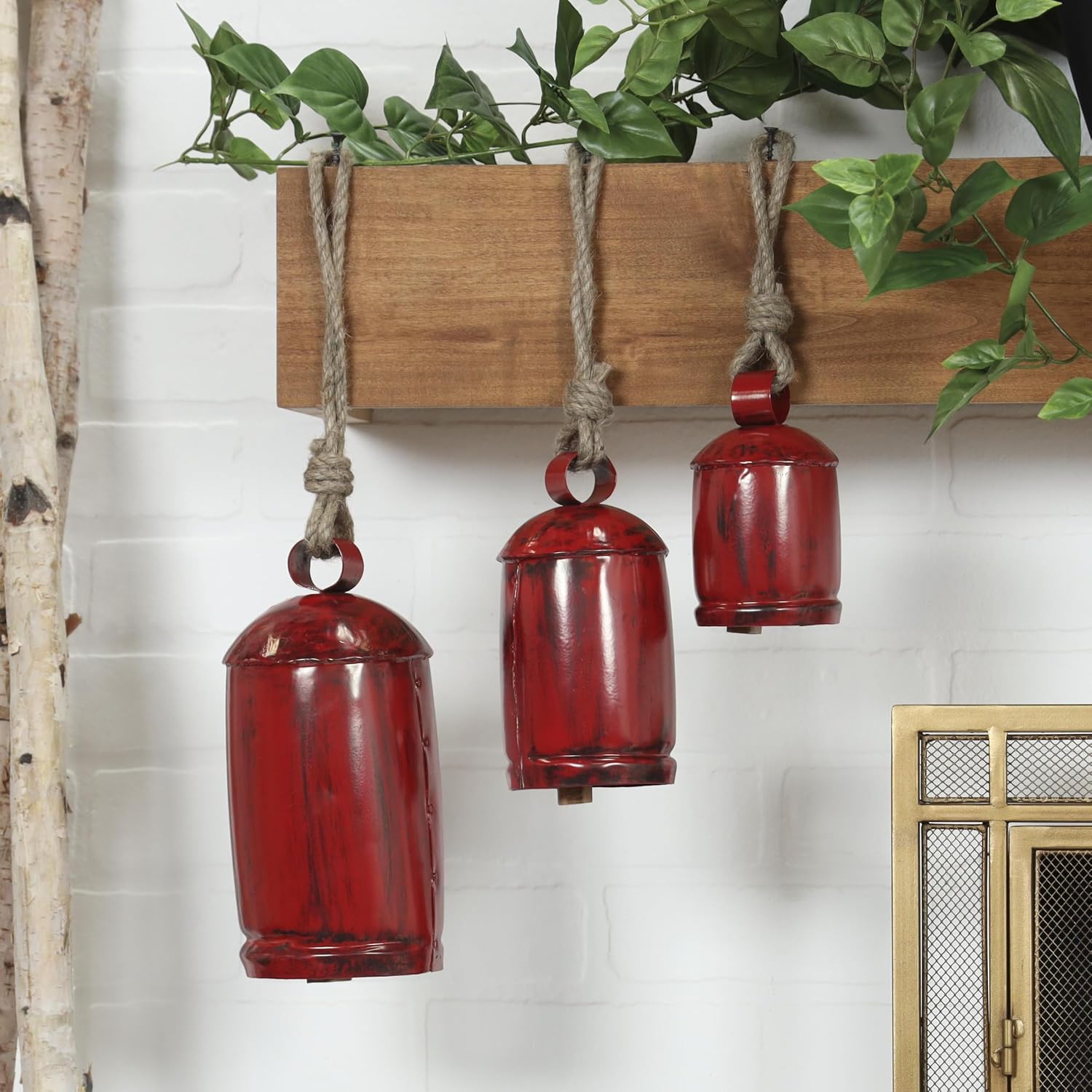 Deco 79 Metal Cow Bells, Meditation Bell, Set of 3, 10", 7", 5"H, Red | Indoor metal art Tibetan inspired decorative