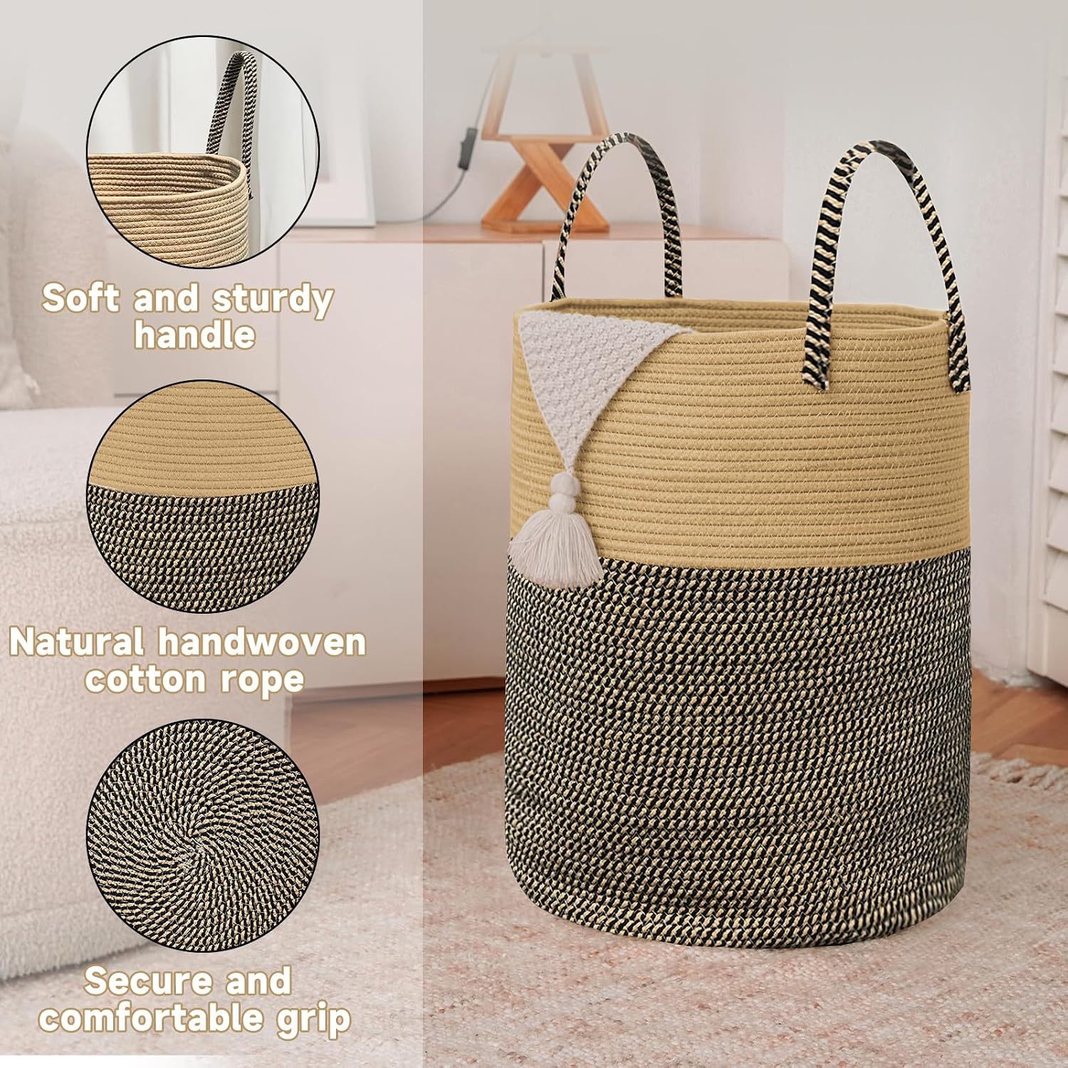 Large Woven Laundry Basket Hamper / Brown and Black / 60L