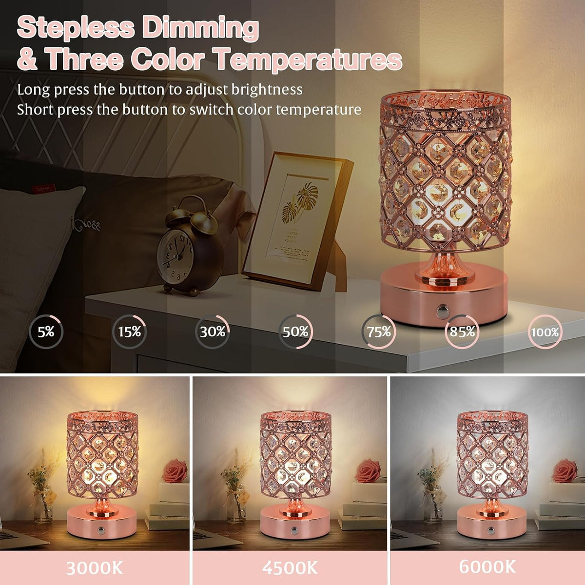 Rose Gold Small Crystal Rechargeable Cordless Table Lamps Set of 2 | 6000mAh Battery, 3 Color Temps, Stepless Dimming