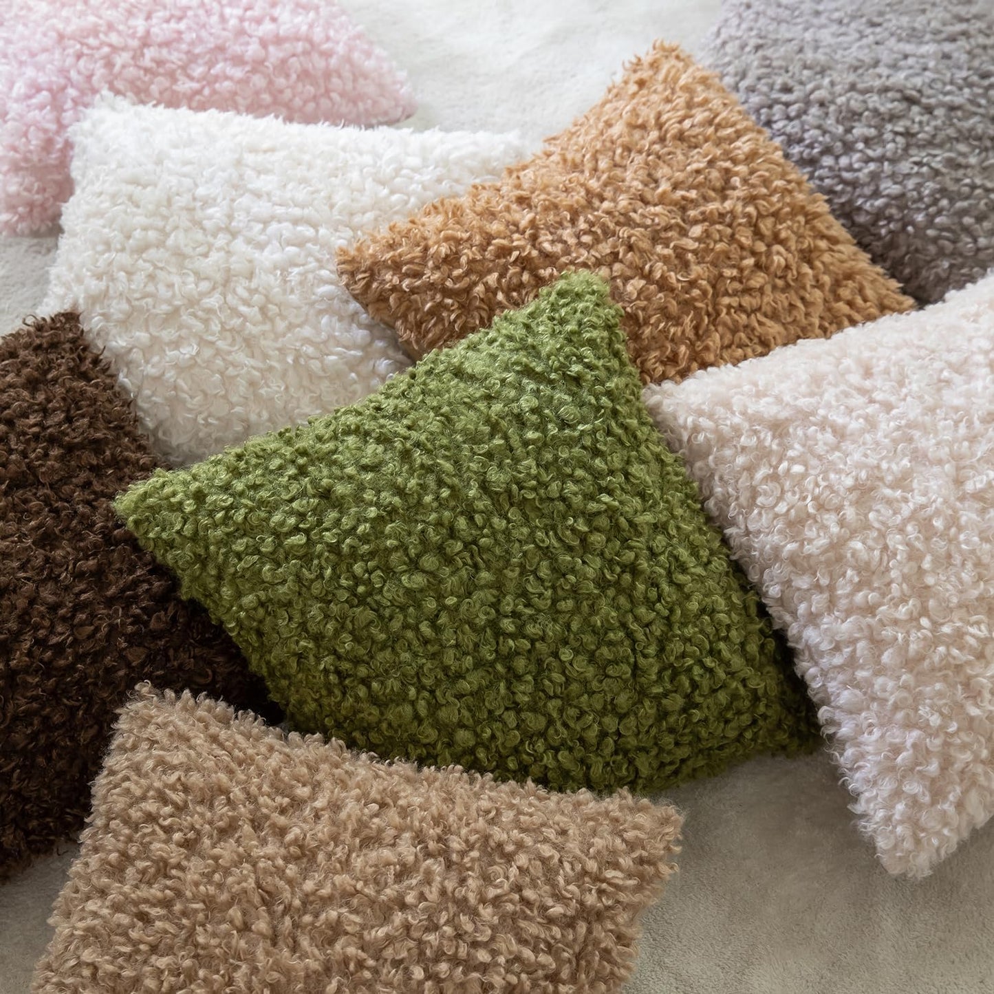 Faux Fur Throw Pillow Covers Boucle Decorative Sherpa Pillow / Apricot Beige / 18 x 18 / Set of 2