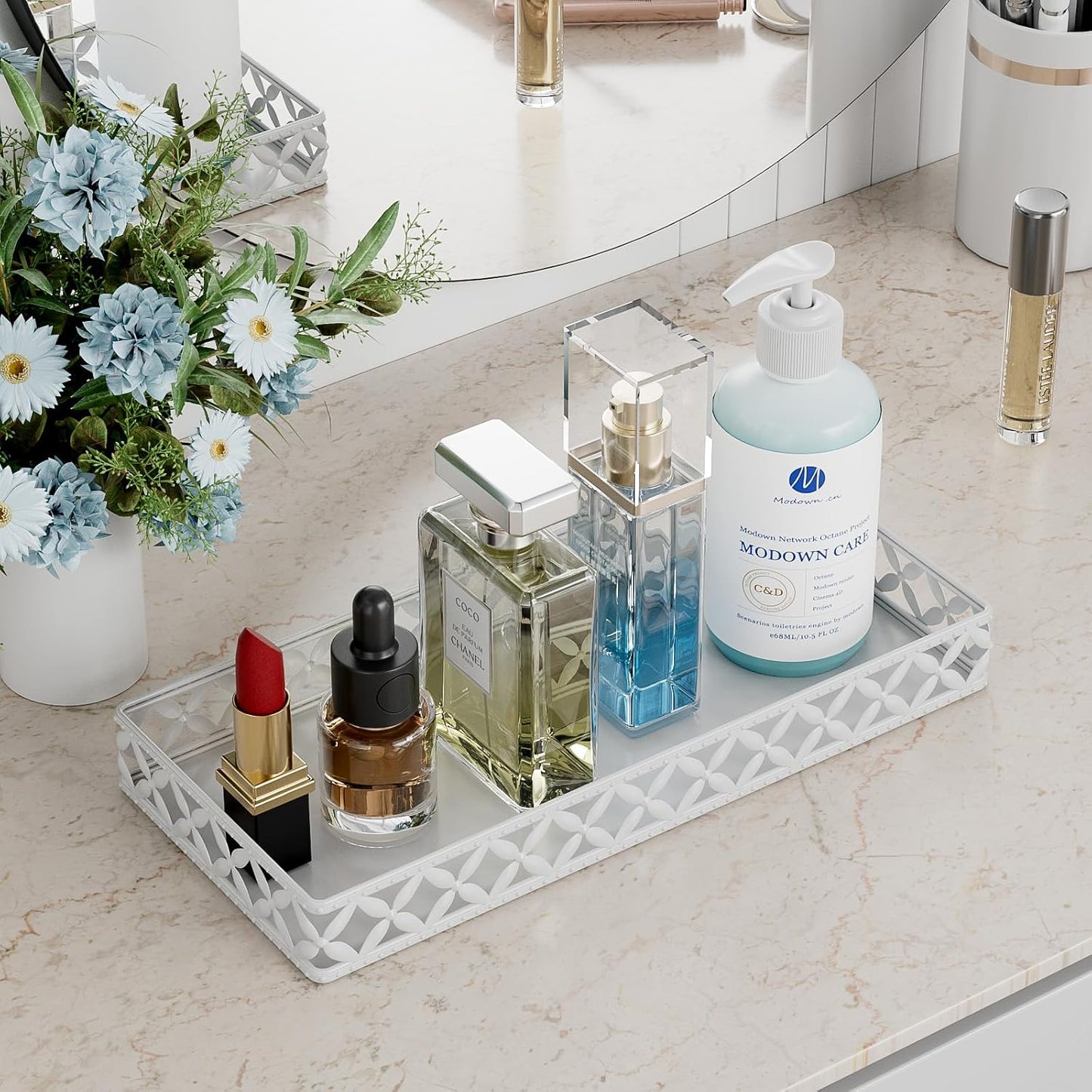 Bathroom Vanity Tray / Rectangle Floral-white / 11 Inch