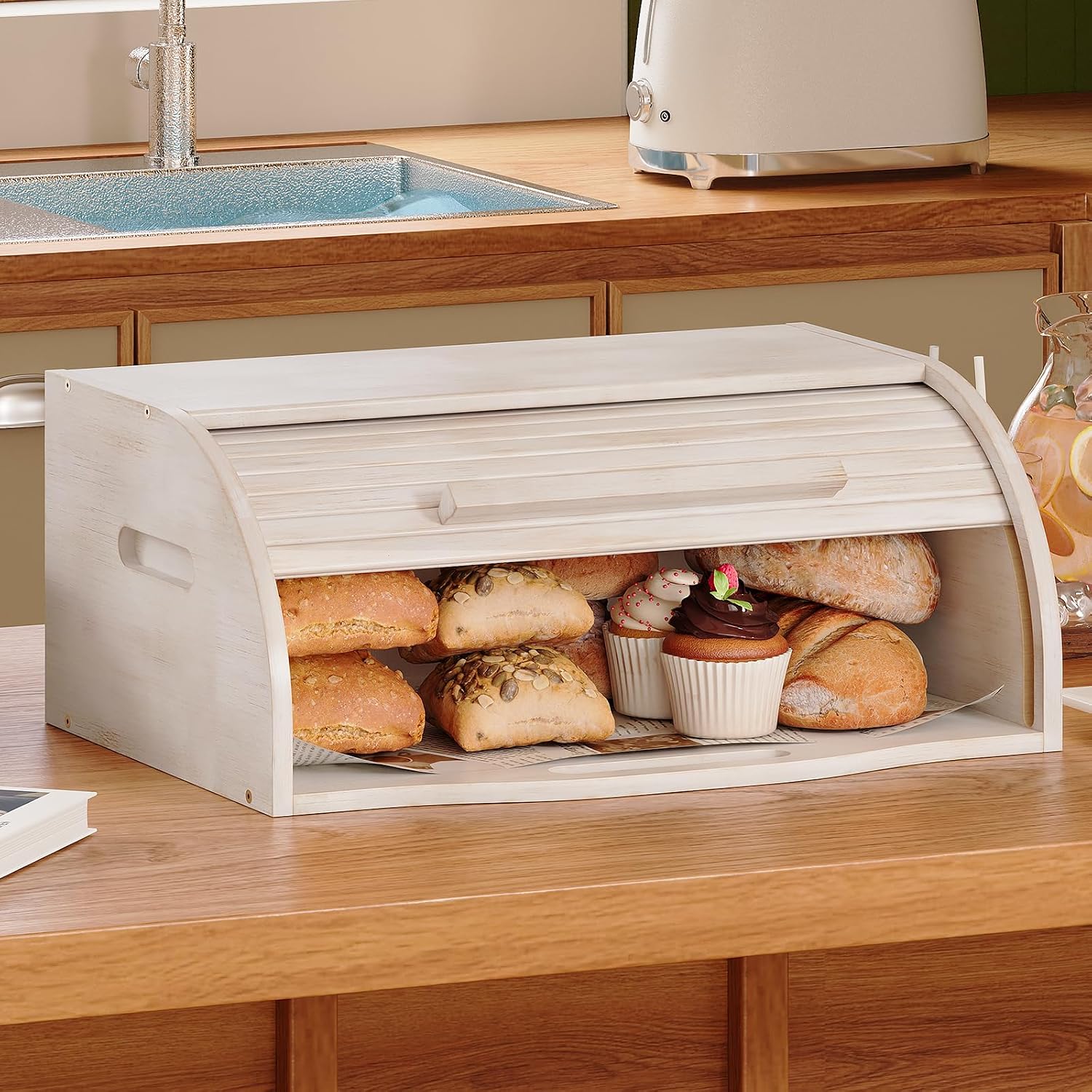 Trironsun Bamboo Roll Top Bread Box for Kitchen Countertop Large Capacity Bread Storage Bin Wooden Bread Storage