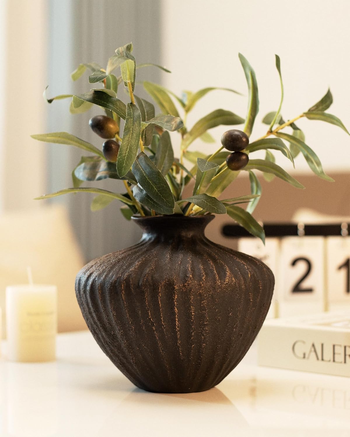 Ceramic Vase / Organic Accent Flower / Small / Black / 6 Inch
