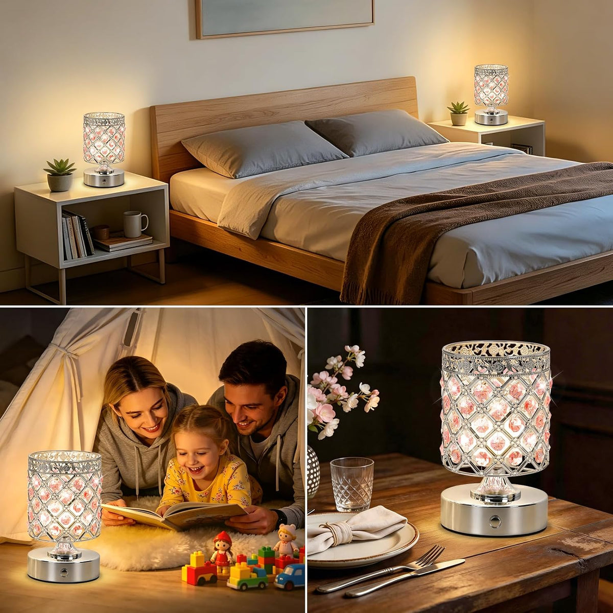 Pink Small Crystal Rechargeable Cordless Table Lamps Set of 2 | 6000mAh Battery, 3 Color Temps, Stepless Dimming, Touch
