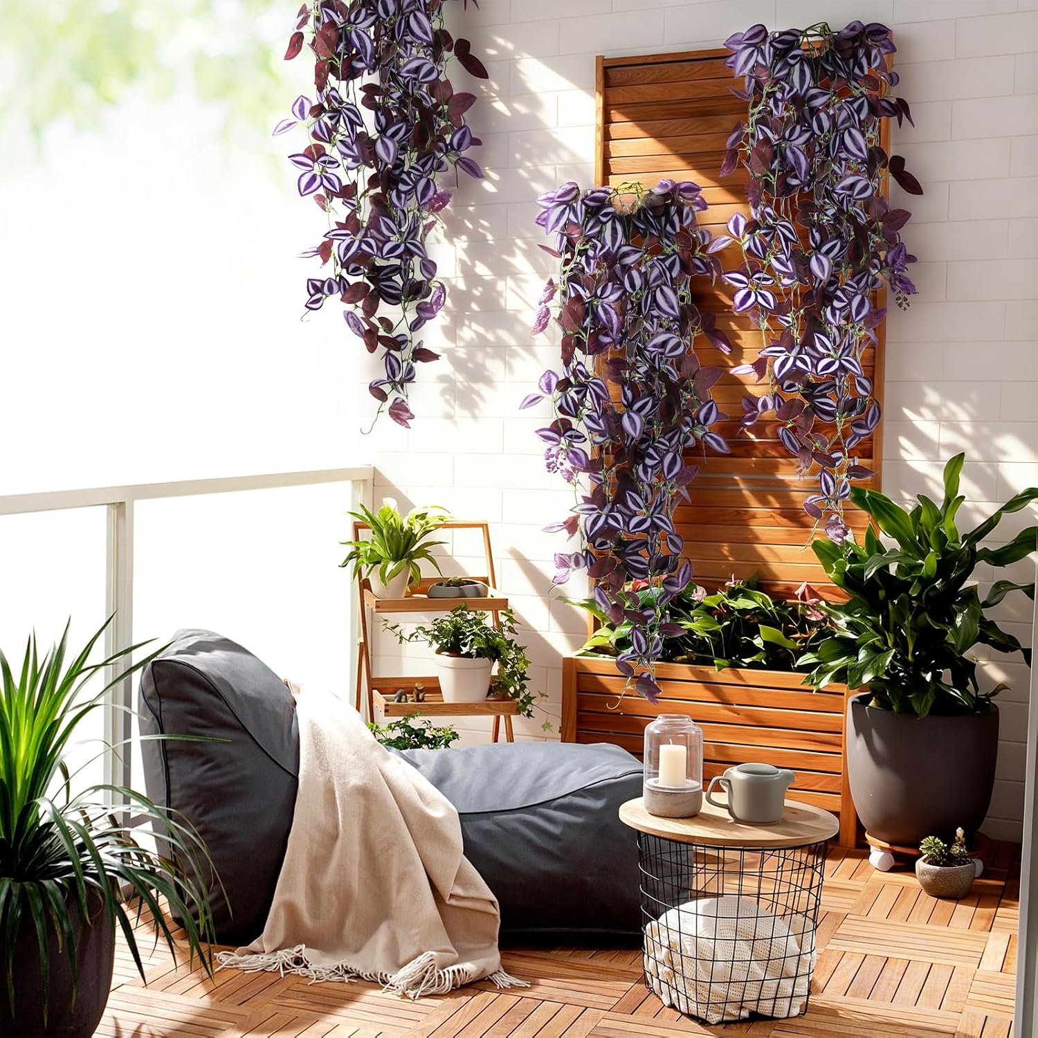 Faux Hanging Plant Artificial Greenery / Purple-eyed Hairy Leaf / Set of 2
