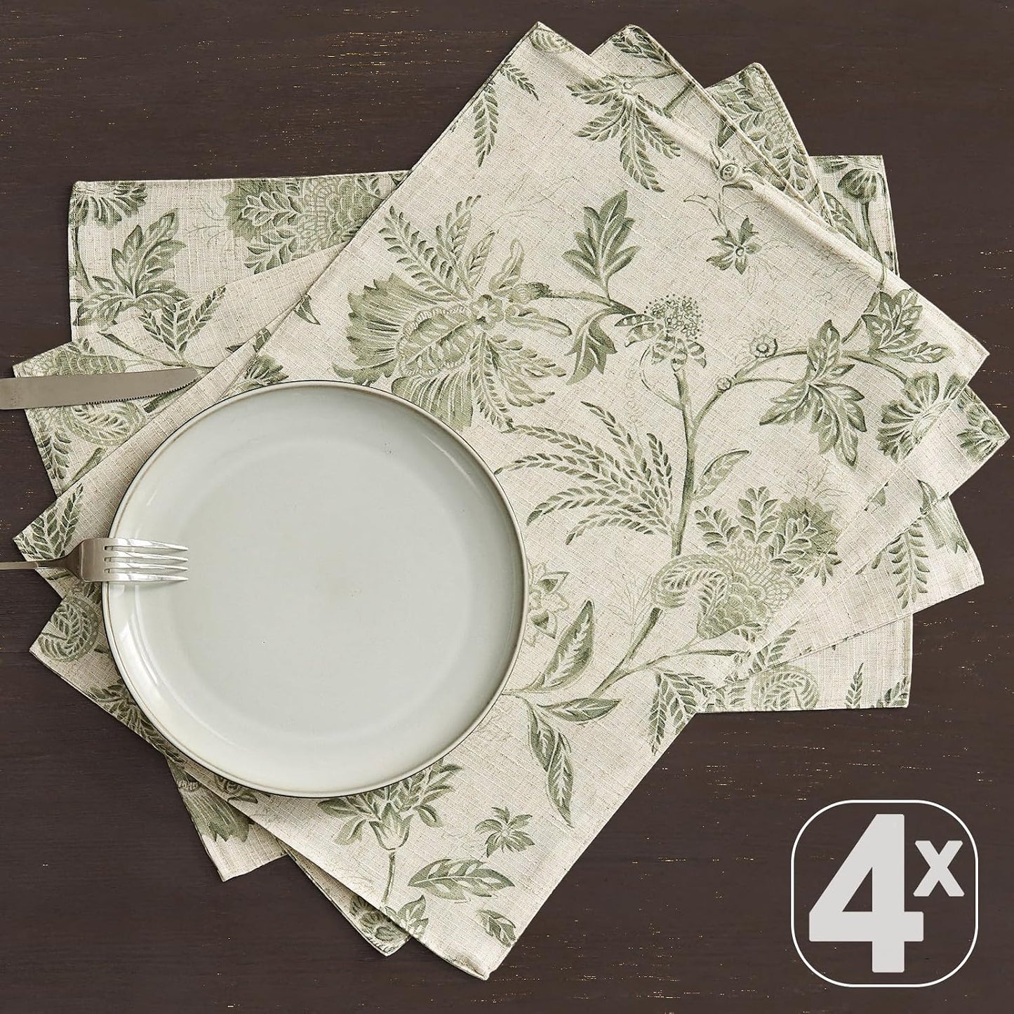 JINCHAN Sliva Linen Floral Placemats Set of 4 Farmhouse 13x19 Sage Green | Fabric Placemats, Cottage Style, Painterly