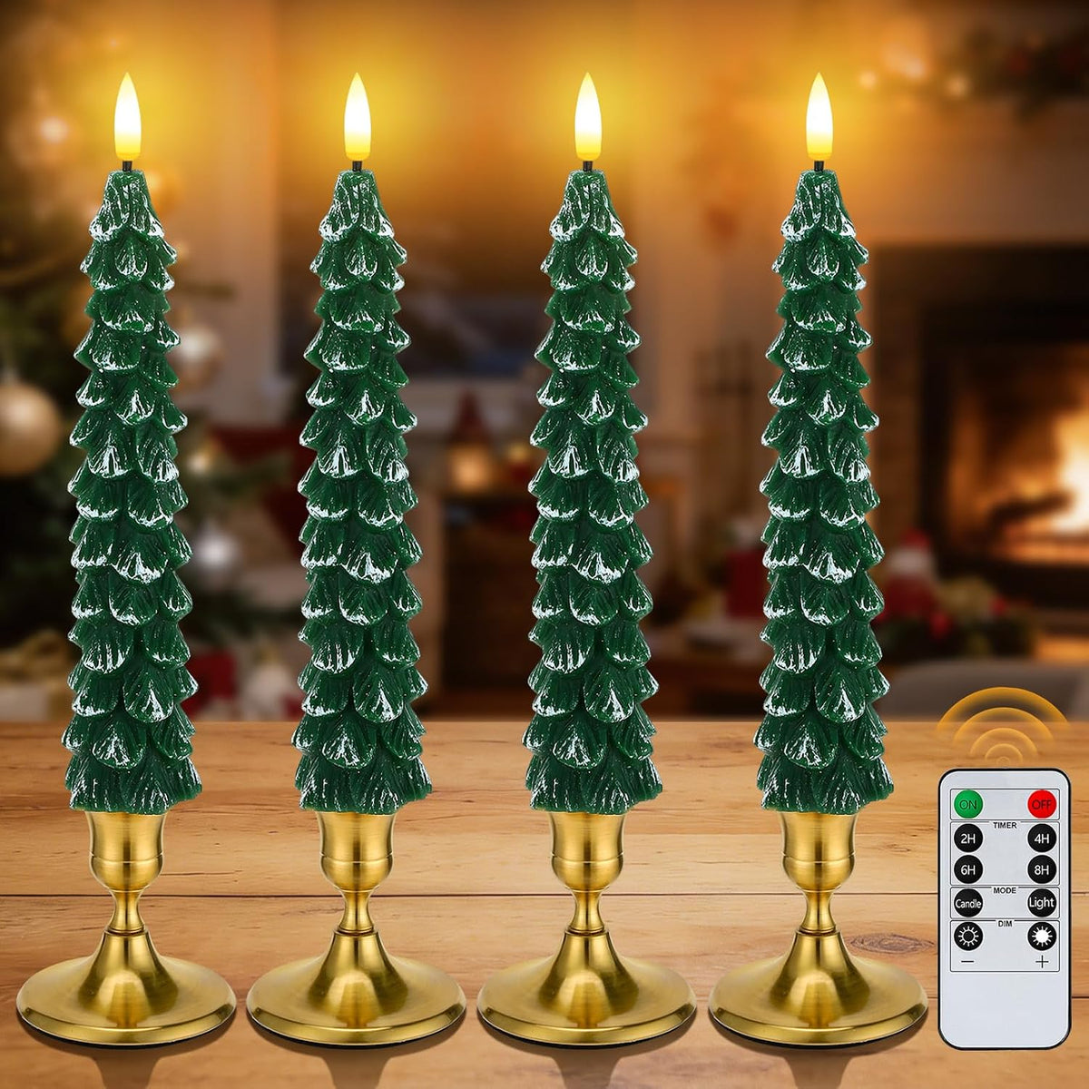 4 Pack Christmas Tree Candles - Real Wax Flameless Taper Candles, 9.7in Green Candlesticks for Christmas Home Table Fireplace Decorations Party Supplies