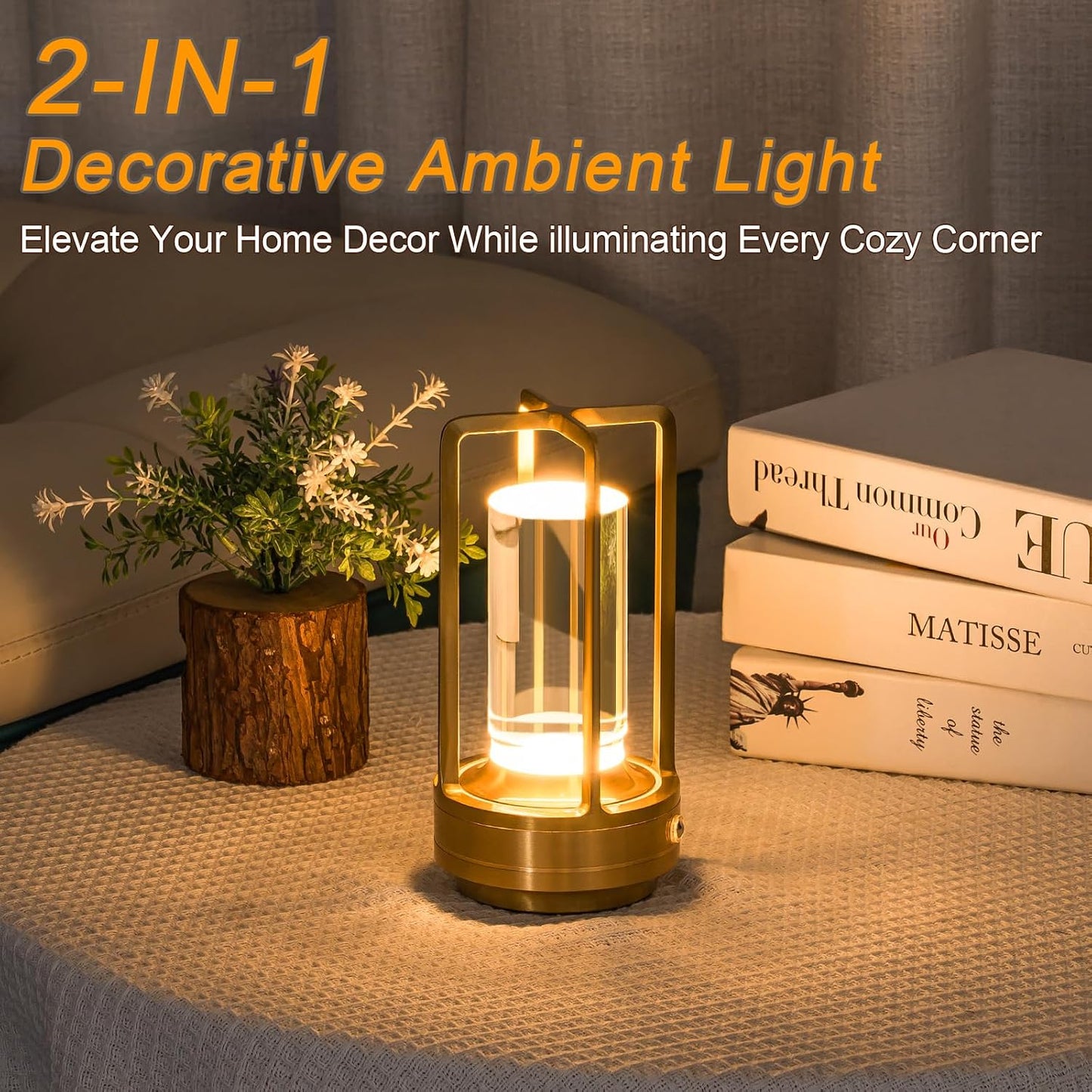 Cordless Table Lamp Rechargeable Small Crystal Lamp, Gold | Stepless Dimming 3 Color Nightstand Bedside Lamp, Metal LED