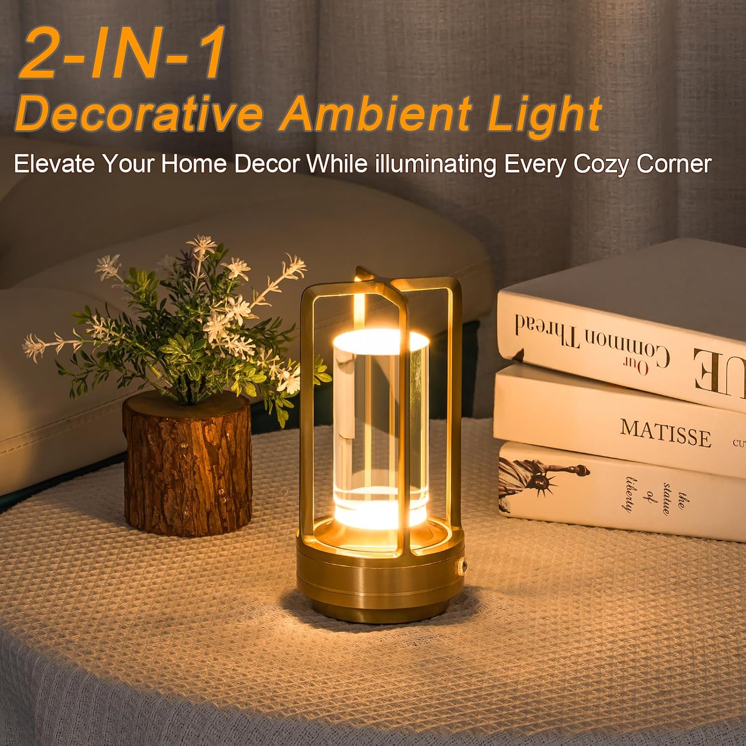 Cordless Table Lamp Rechargeable Small Crystal Lamp, Gold | Stepless Dimming 3 Color Nightstand Bedside Lamp, Metal LED