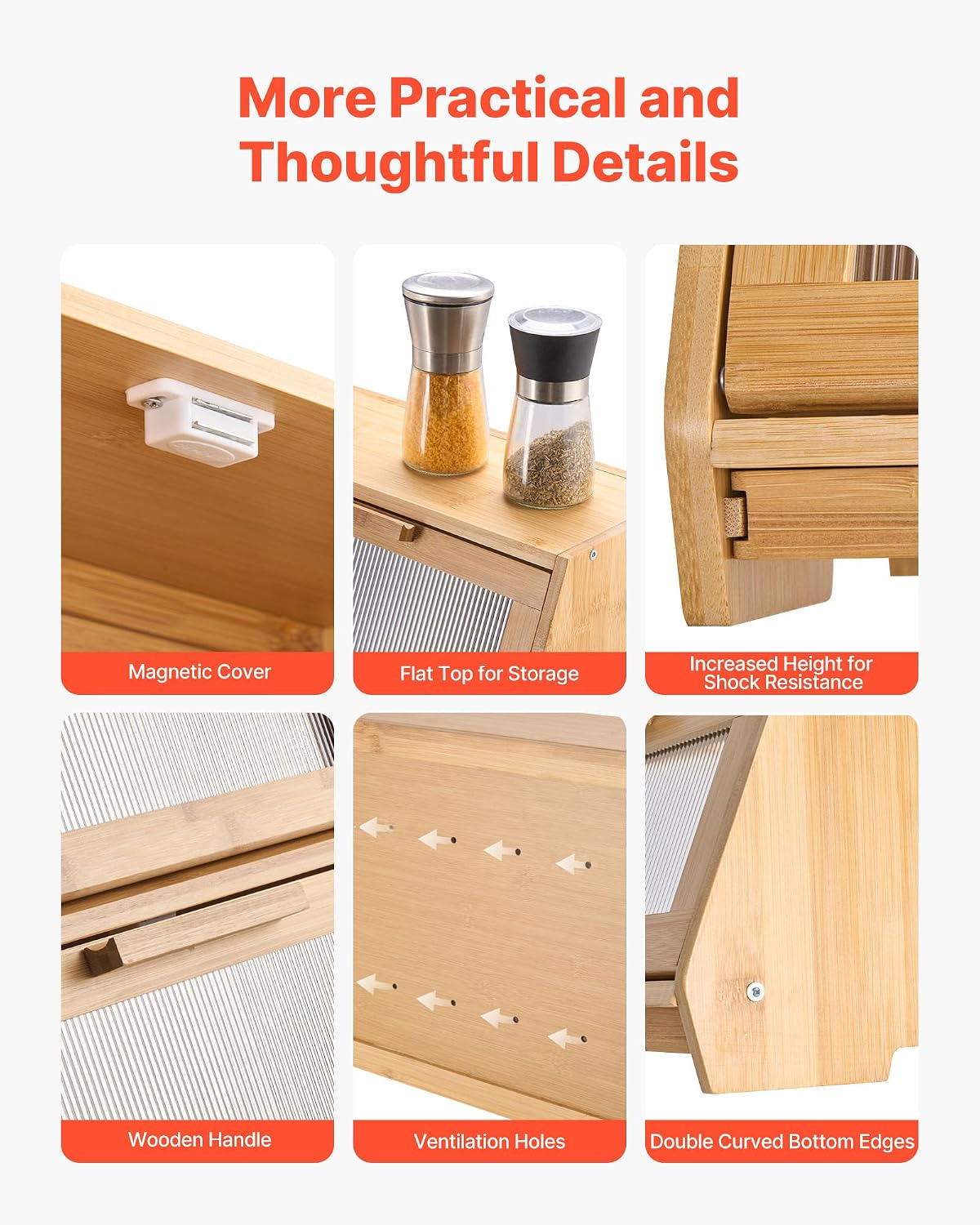 VEVOR Double Layer Bread Box for Kitchen Counter, Large Capacity Bamboo Bread Storage Container, Farmhouse Wooden