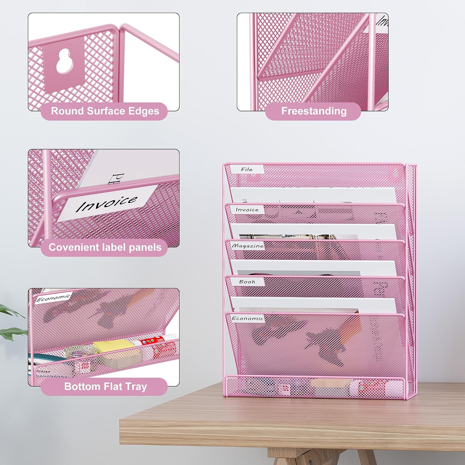 EasyPAG 5 Tier Wall File Holder, Mesh Hanging Folder Organizer with Classify Label, Versatile Desk File Holder