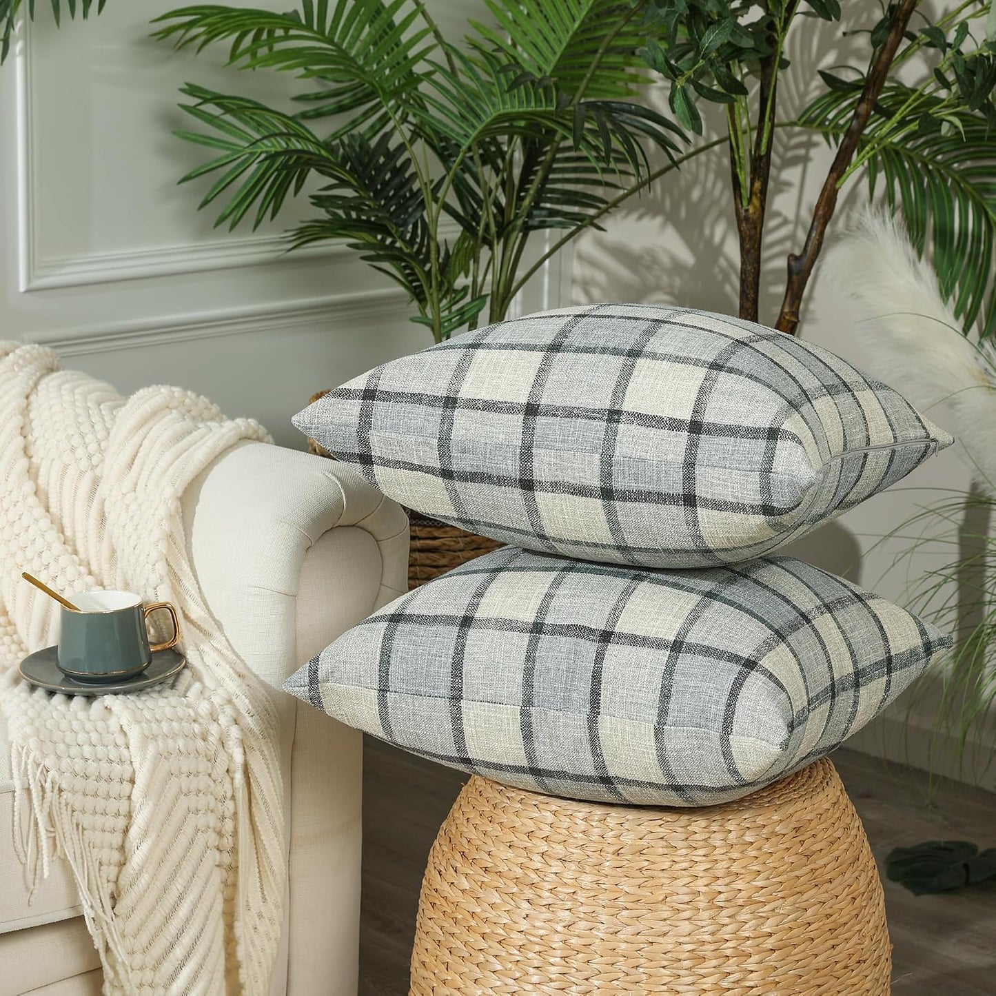 Farmhouse Plaid Decorative Cushion Covers / 24 x 24 / Check-light Grey / Set of 2