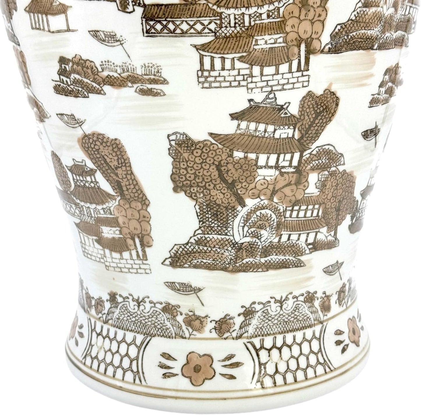 Large 25" Brown & White Landscape Chinoiserie Ceramic Temple Jar w/Lid / Brown & White Landscape