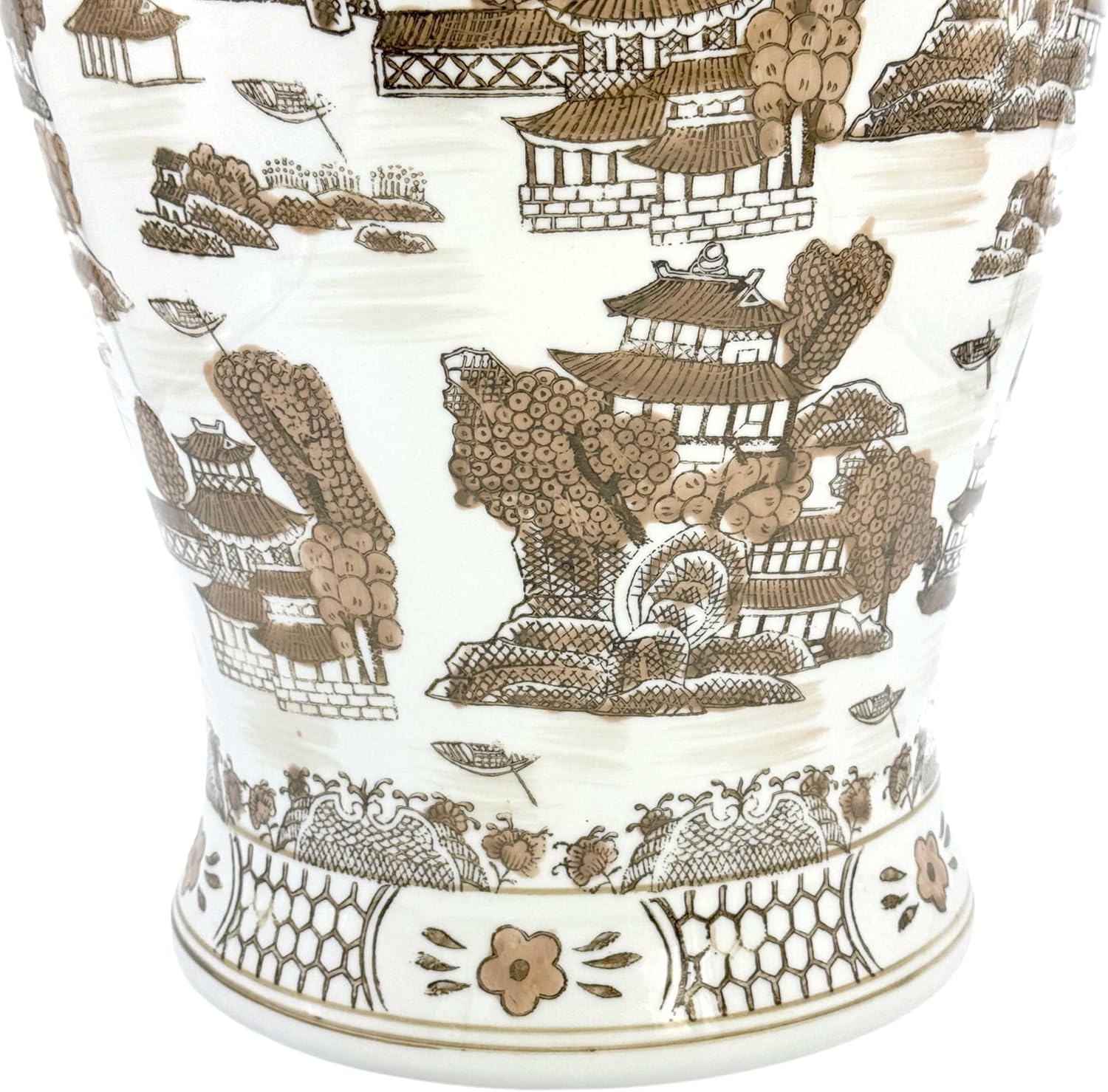 Large 25" Brown & White Landscape Chinoiserie Ceramic Temple Jar w/Lid / Brown & White Landscape