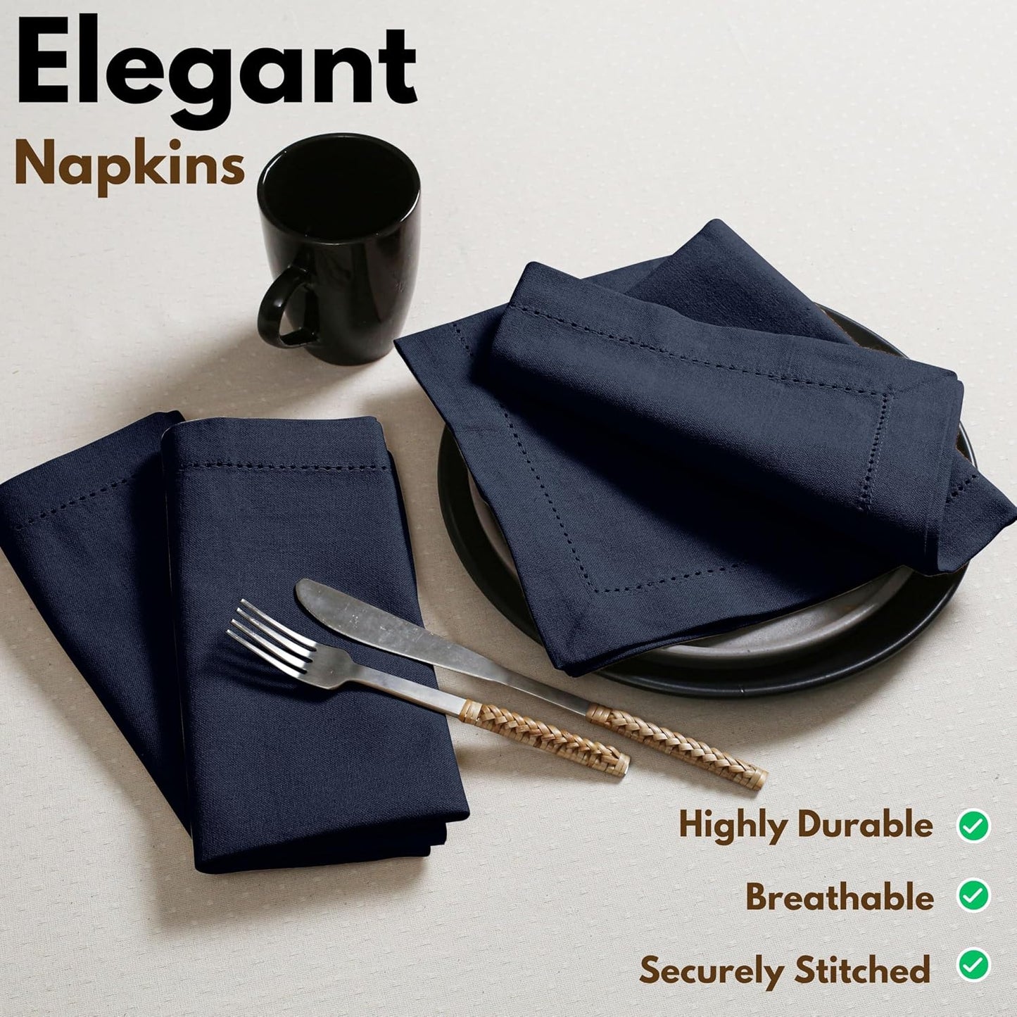 Native Fab Cloth Napkins Set of 12, Hemstitched Edges 100% Cotton, Washable Dinner Napkins 18x18 inch, Soft &