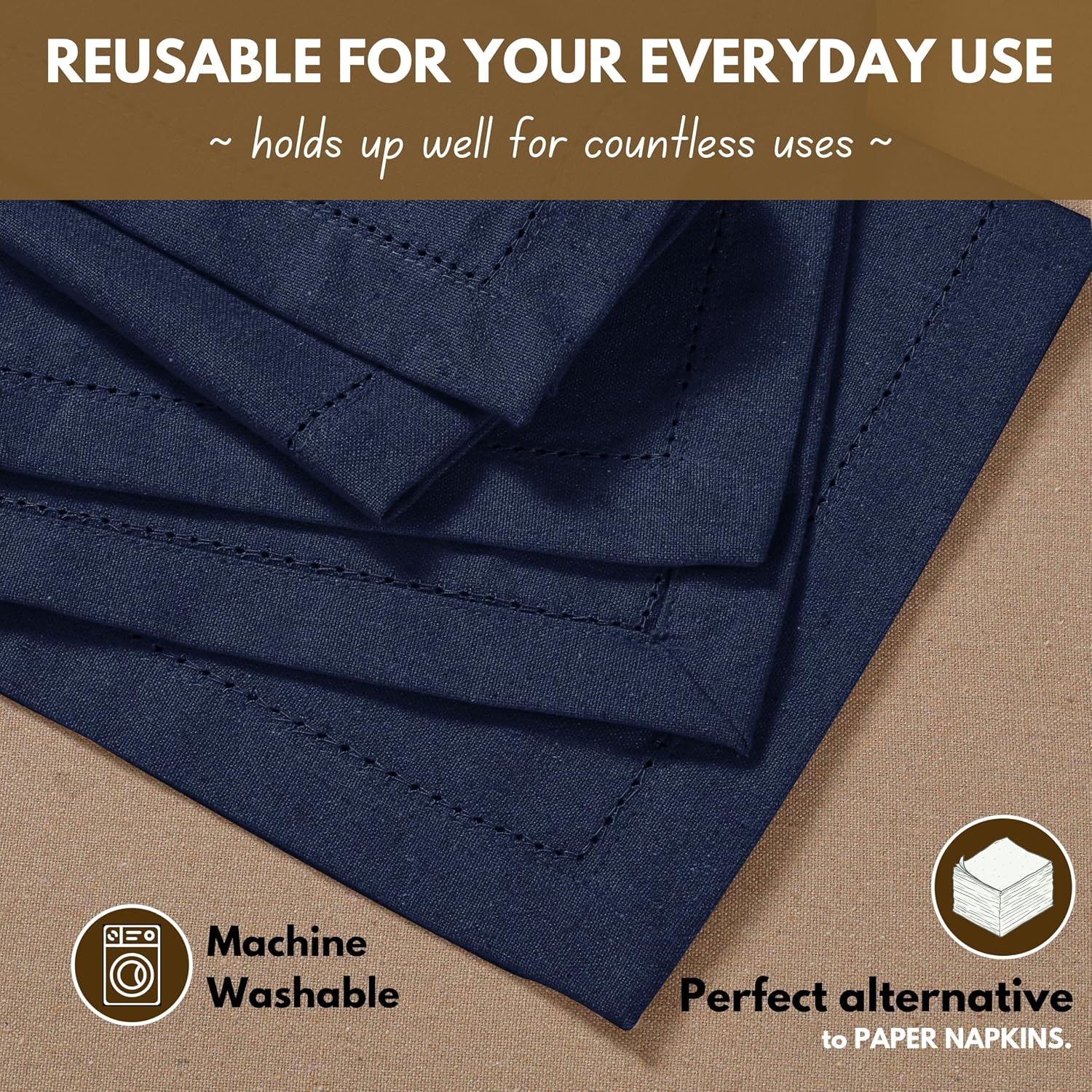 Native Fab Cloth Napkins Set of 12, Hemstitched Edges 100% Cotton, Washable Dinner Napkins 18x18 inch, Soft &