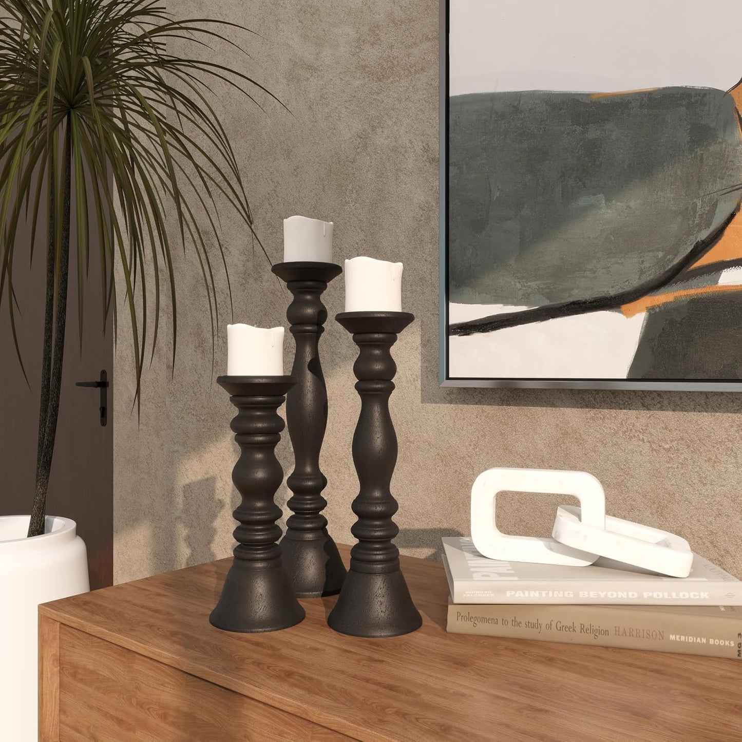 Deco 79 Wood Decorative Candle Holder Turned Style Pillar Candle Stand, Set of 3 Candlestick Holder 18, 15, 12'H, Black