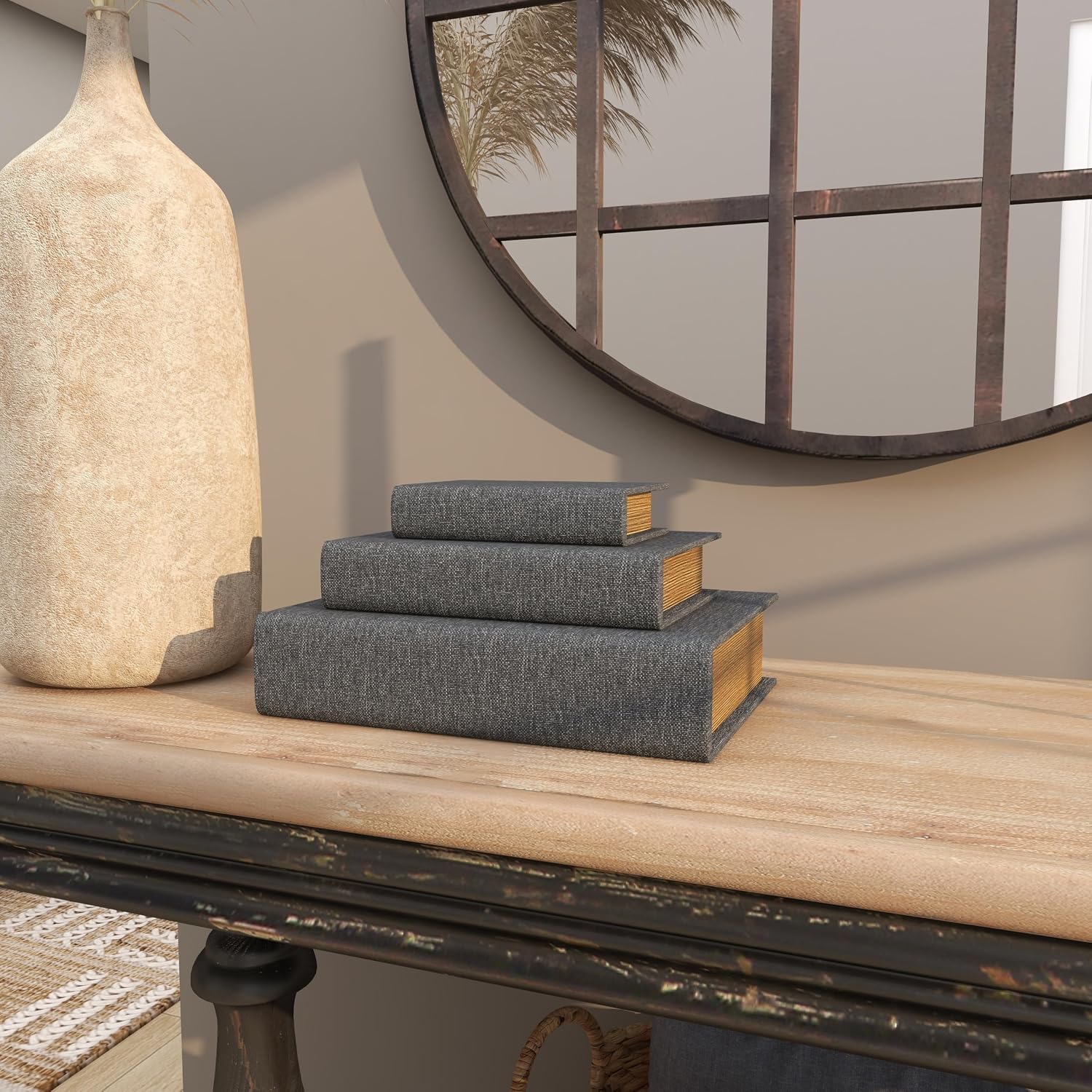 Linen Fabric Decorative Box Faux Storage Book Book Shaped / Light Gray / 12", 9", 6"H / Set of 3