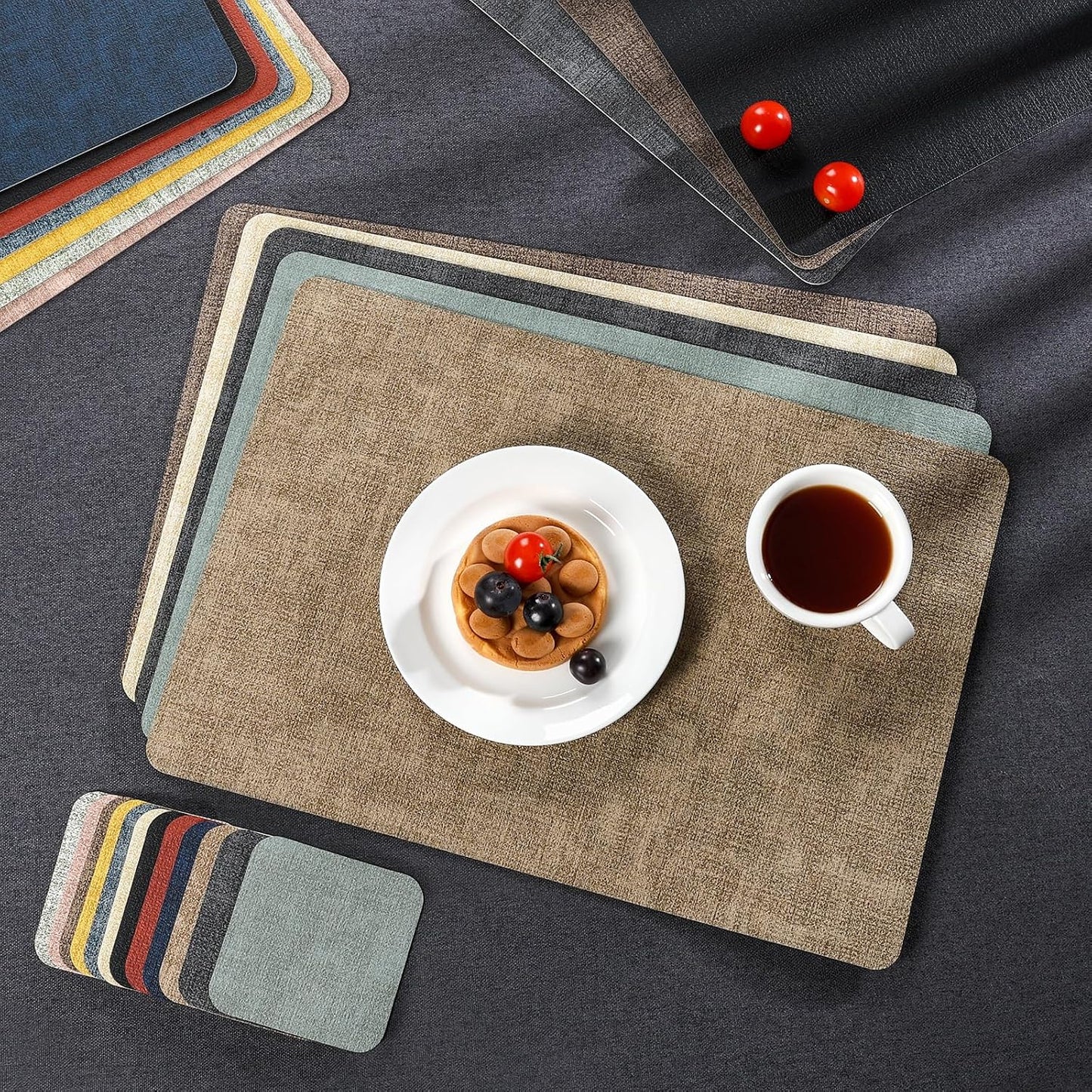 Myir JUN Faux Leather Placemats Set of 6, Dual Sided Waterproof Place Mats | Heat Resistant Wipeable Vinyl Table Mat