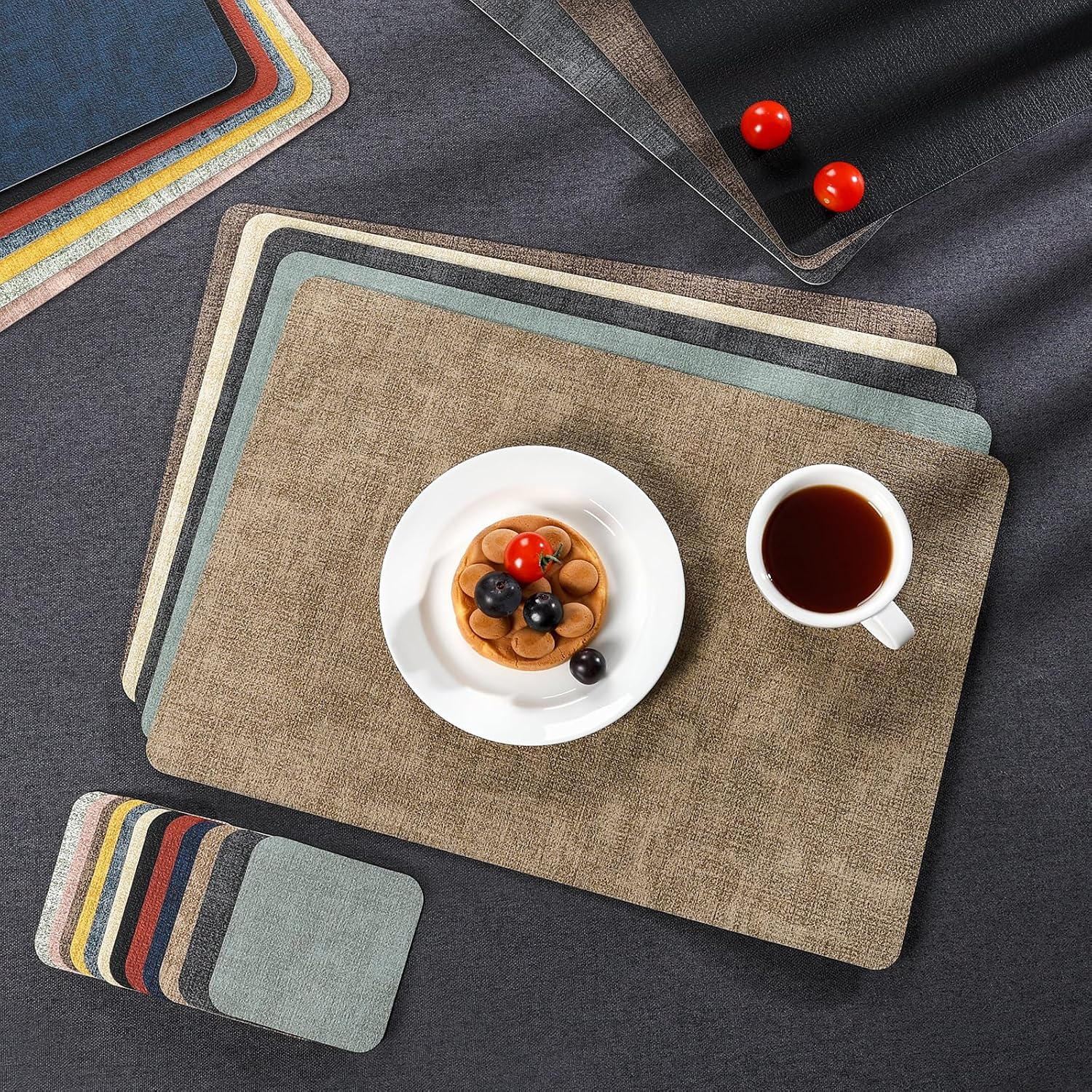 Myir JUN Faux Leather Placemats Set of 6, Dual Sided Waterproof Place Mats | Heat Resistant Wipeable Vinyl Table Mat