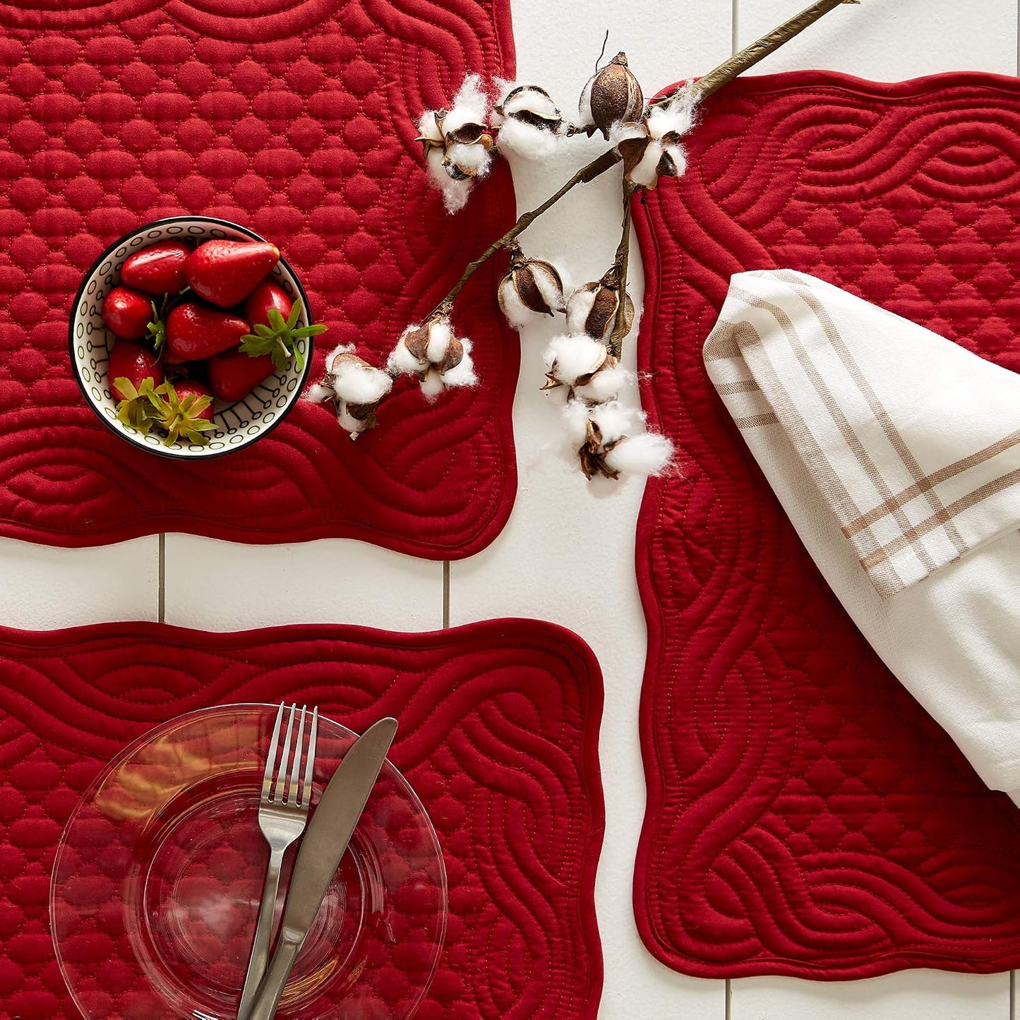 DII Quilted Farmhouse Collection Tabletop, Placemat Set, Cranberry, 6 Piece