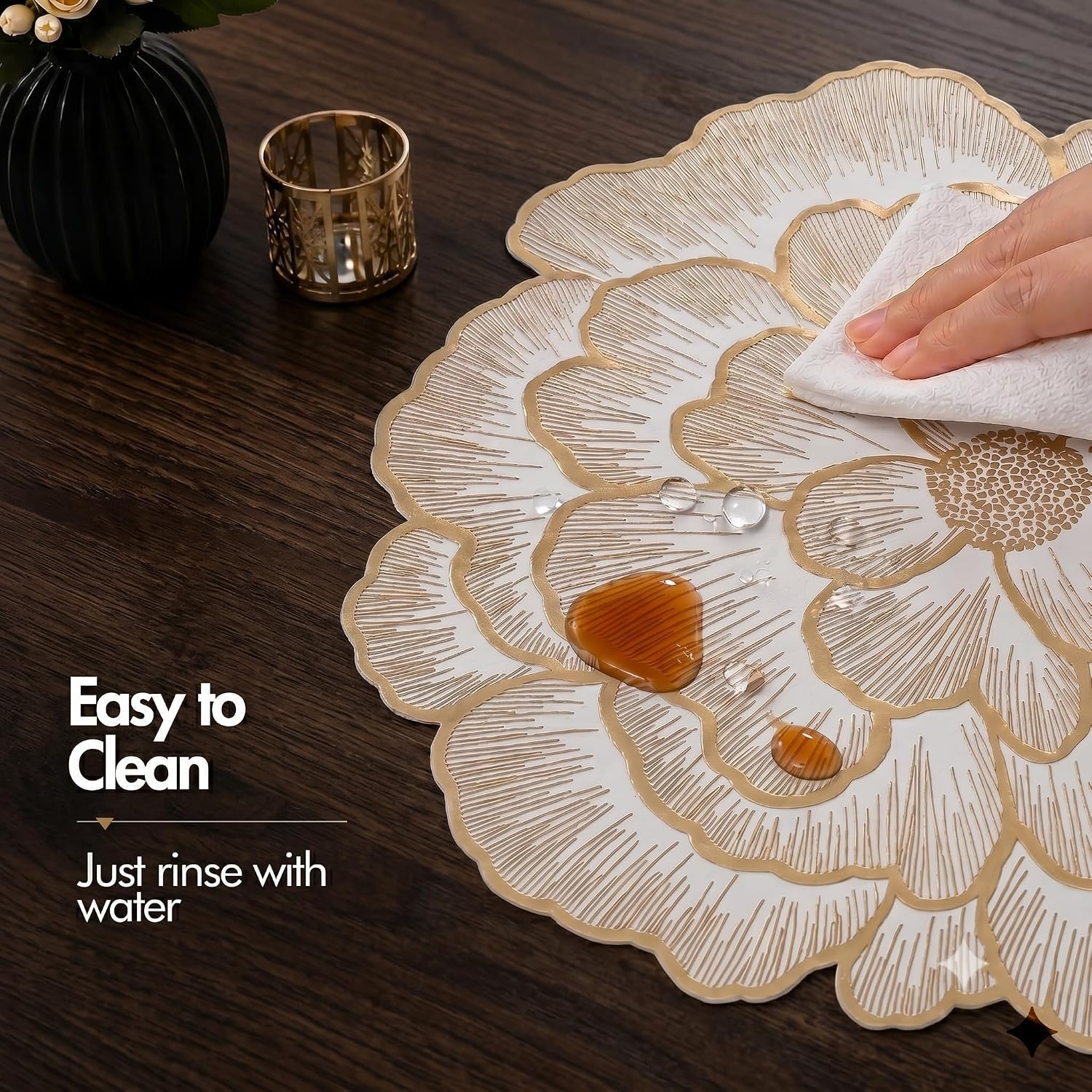 FAVE 8PCS Golden Placemats Set of 8 Gold Floral Round Placemats | Reusable Vinyl Table Mats for Wedding Banquets Party