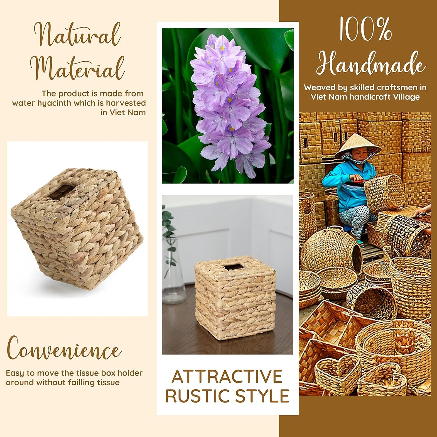 Rattan Wicker Tissues Cube Box Cover -Boho Decorative Woven Facial Tissue Holder / Square