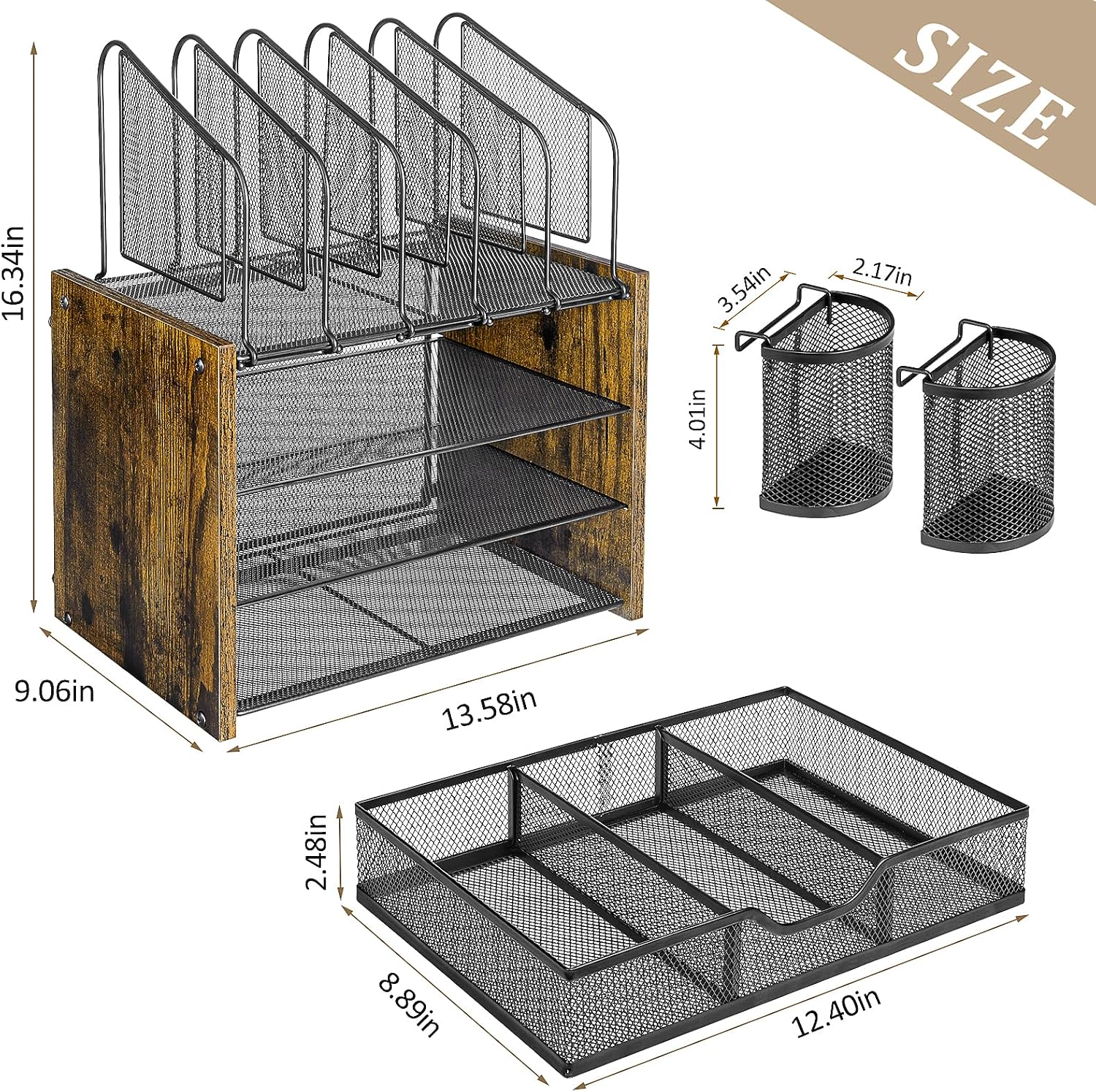 DAOUTIME 4-Tier Mesh Desk Organizer, Wooden Desk File Organizer with 5 Vertical File Holders and 2 Pen Holders, Desktop
