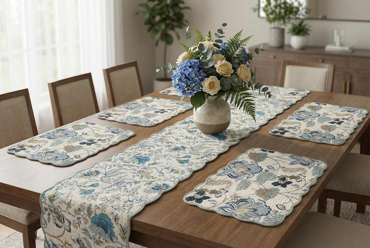 Botanica Mist - Bloom Collection Luxury Handcrafted Runner (Reversible) Cotton Quilted Fabric Machine Washable –