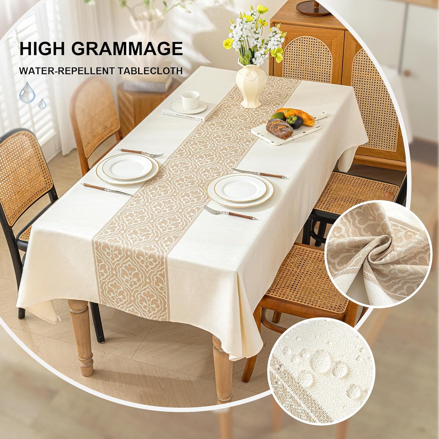Nordic Beige Rectangular Tablecloth, Premium Drape | Water & Stain Resistant, Elegant Rectangle Table Cover for Dining